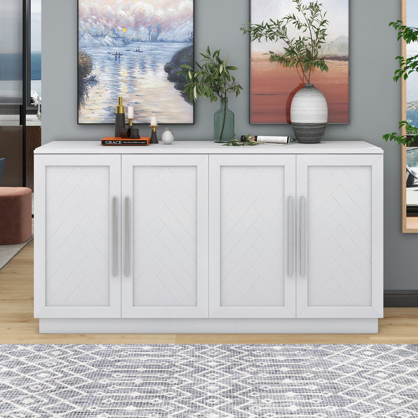 TREXM Sideboard Buffet Cabinet with Storage, Buffet Cabinet with Adjustable Shelves and Silver Handles Sideboard Cabinet for Kitchen, Dining Room, Living Room, White - 1st Choice Furniture Direct
