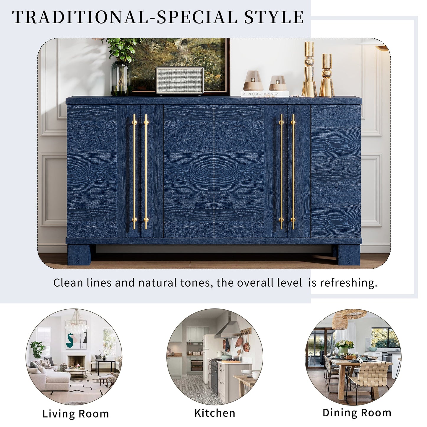 TREXM Sideboard Buffet Cabinet with Storage, Wood Sideboard with Adjustable Shelves and Gold Handles for Kitchen, Dining Room and Living Room (Antique Navy) - 1st Choice Furniture Direct