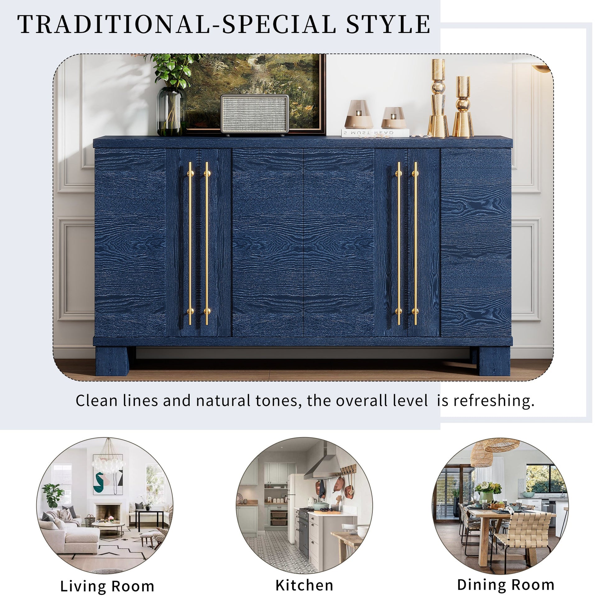 TREXM Sideboard Buffet Cabinet with Storage, Wood Sideboard with Adjustable Shelves and Gold Handles for Kitchen, Dining Room and Living Room (Antique Navy) - 1st Choice Furniture Direct