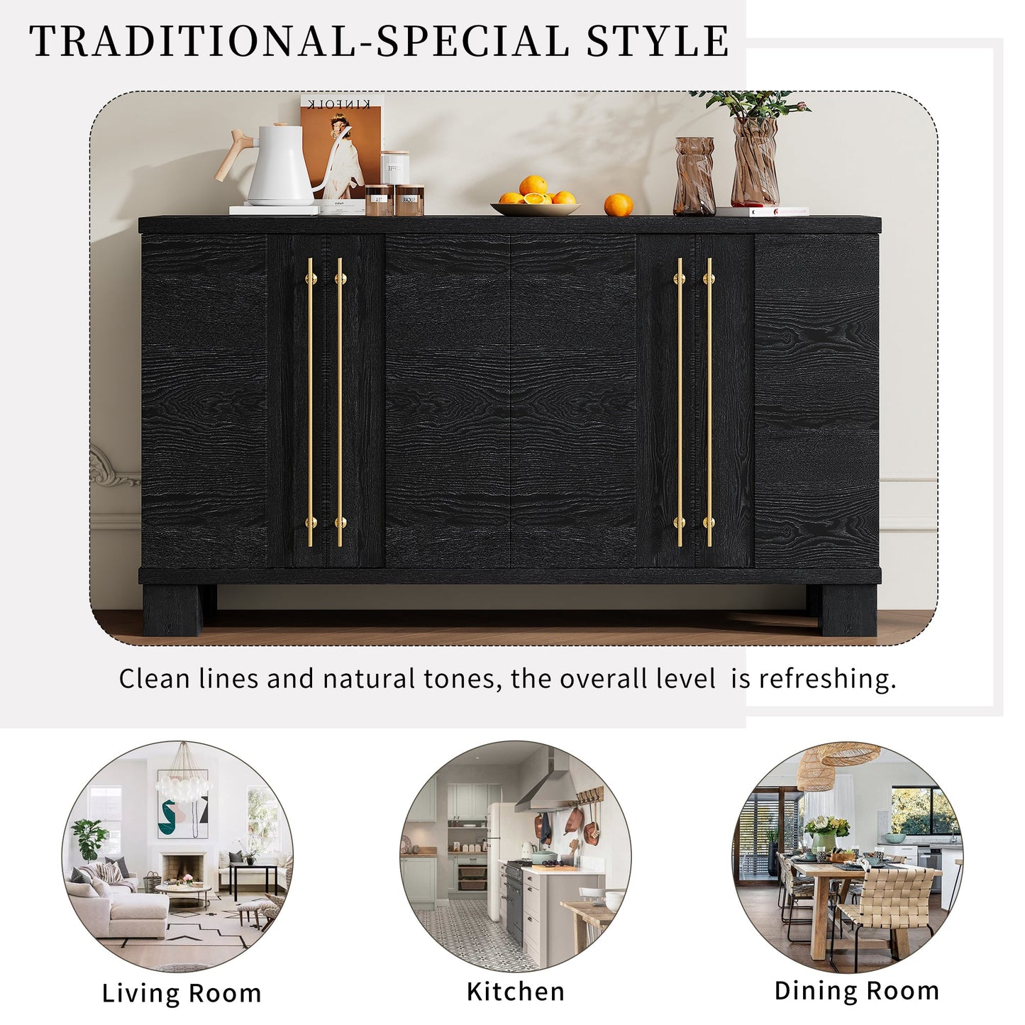 TREXM Sideboard Buffet Cabinet with Storage, Wood Sideboard with Adjustable Shelves and Gold Handles for Kitchen, Dining Room and Living Room (Black) - 1st Choice Furniture Direct