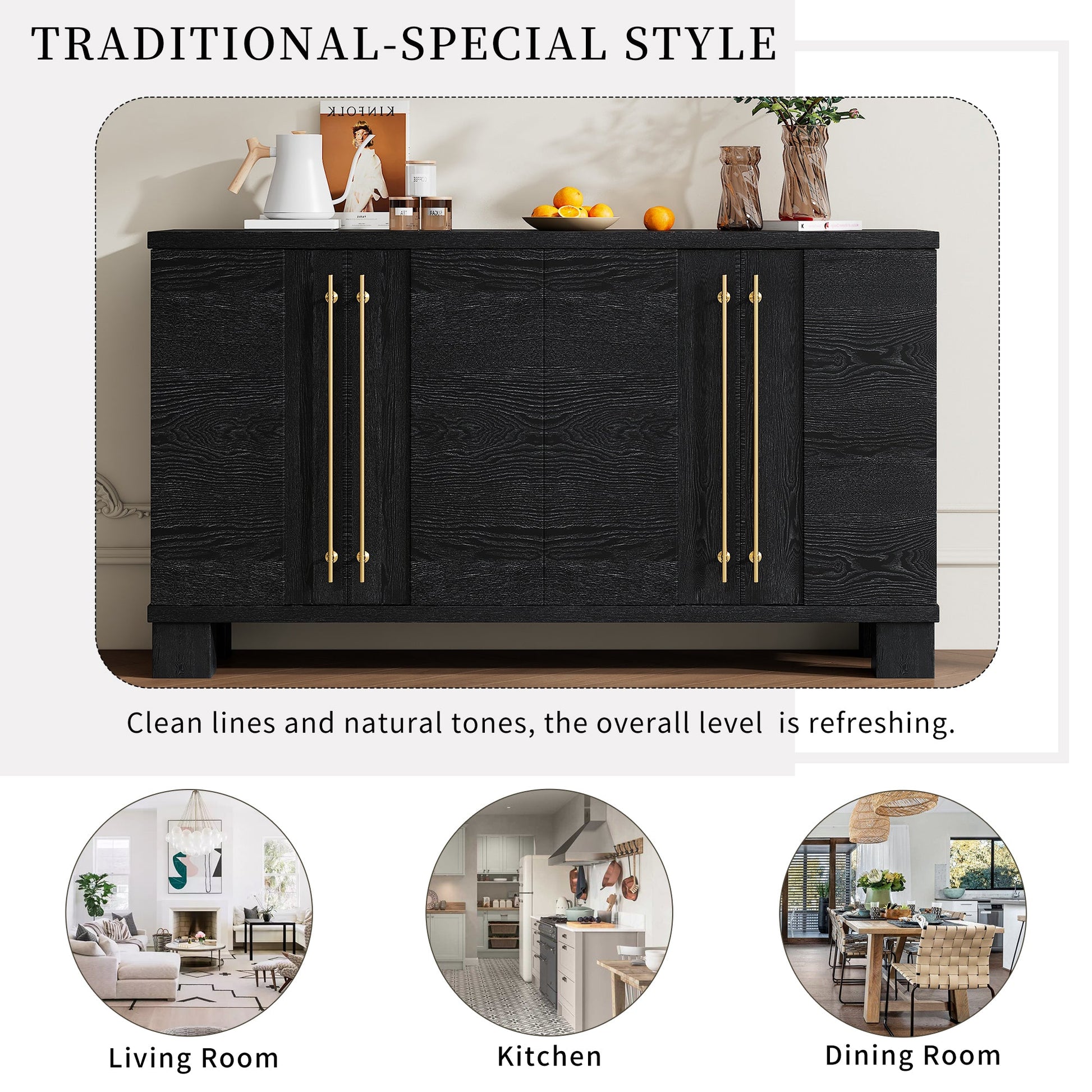 TREXM Sideboard Buffet Cabinet with Storage, Wood Sideboard with Adjustable Shelves and Gold Handles for Kitchen, Dining Room and Living Room (Black) - 1st Choice Furniture Direct