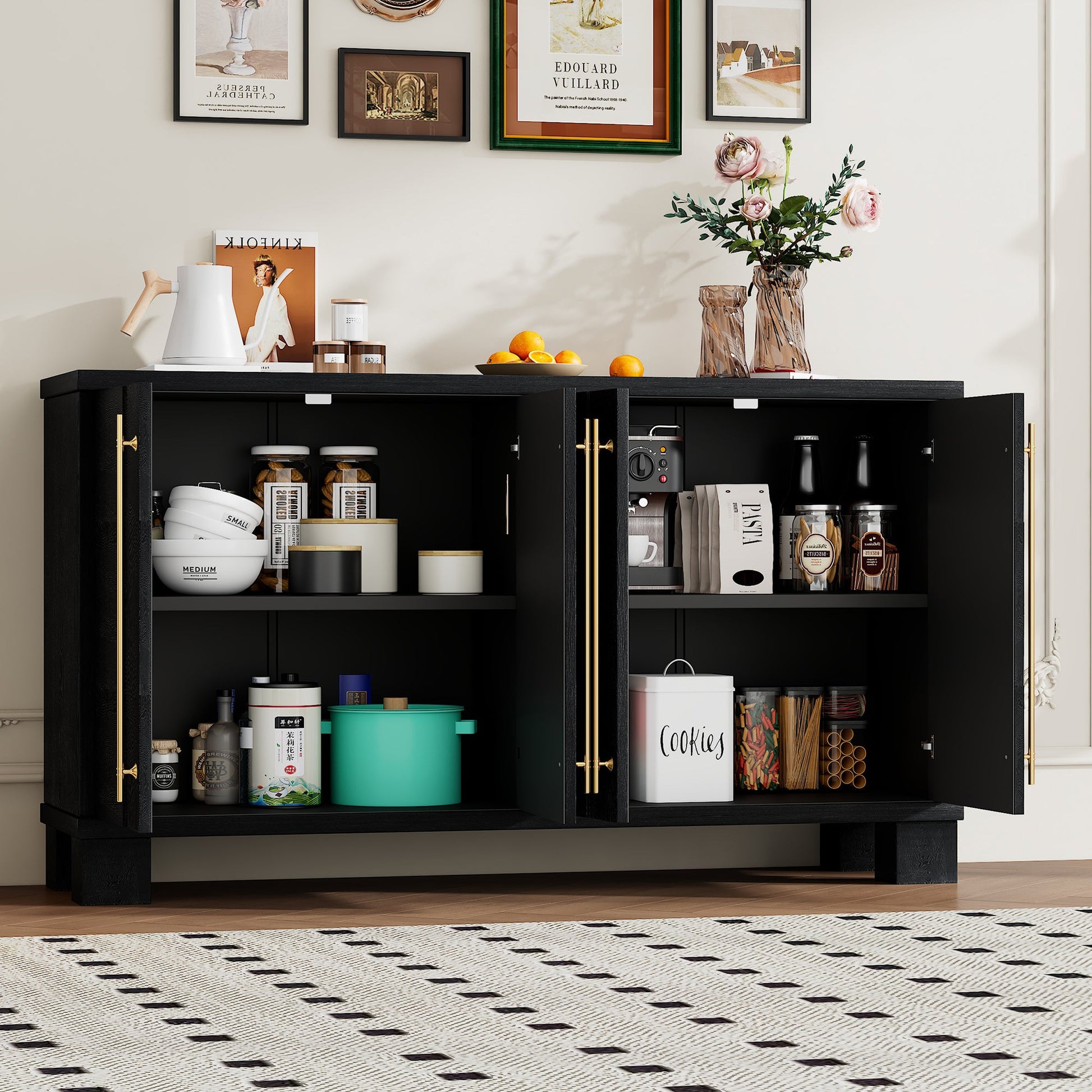 TREXM Sideboard Buffet Cabinet with Storage, Wood Sideboard with Adjustable Shelves and Gold Handles for Kitchen, Dining Room and Living Room (Black) - 1st Choice Furniture Direct