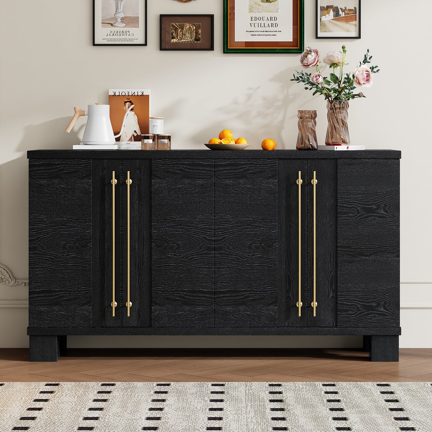 TREXM Sideboard Buffet Cabinet with Storage, Wood Sideboard with Adjustable Shelves and Gold Handles for Kitchen, Dining Room and Living Room (Black) - 1st Choice Furniture Direct