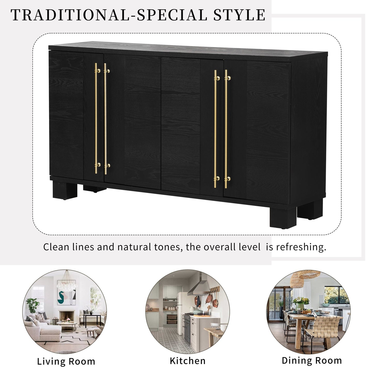 TREXM Sideboard Buffet Cabinet with Storage, Wood Sideboard with Adjustable Shelves and Gold Handles for Kitchen, Dining Room and Living Room (Black) - 1st Choice Furniture Direct