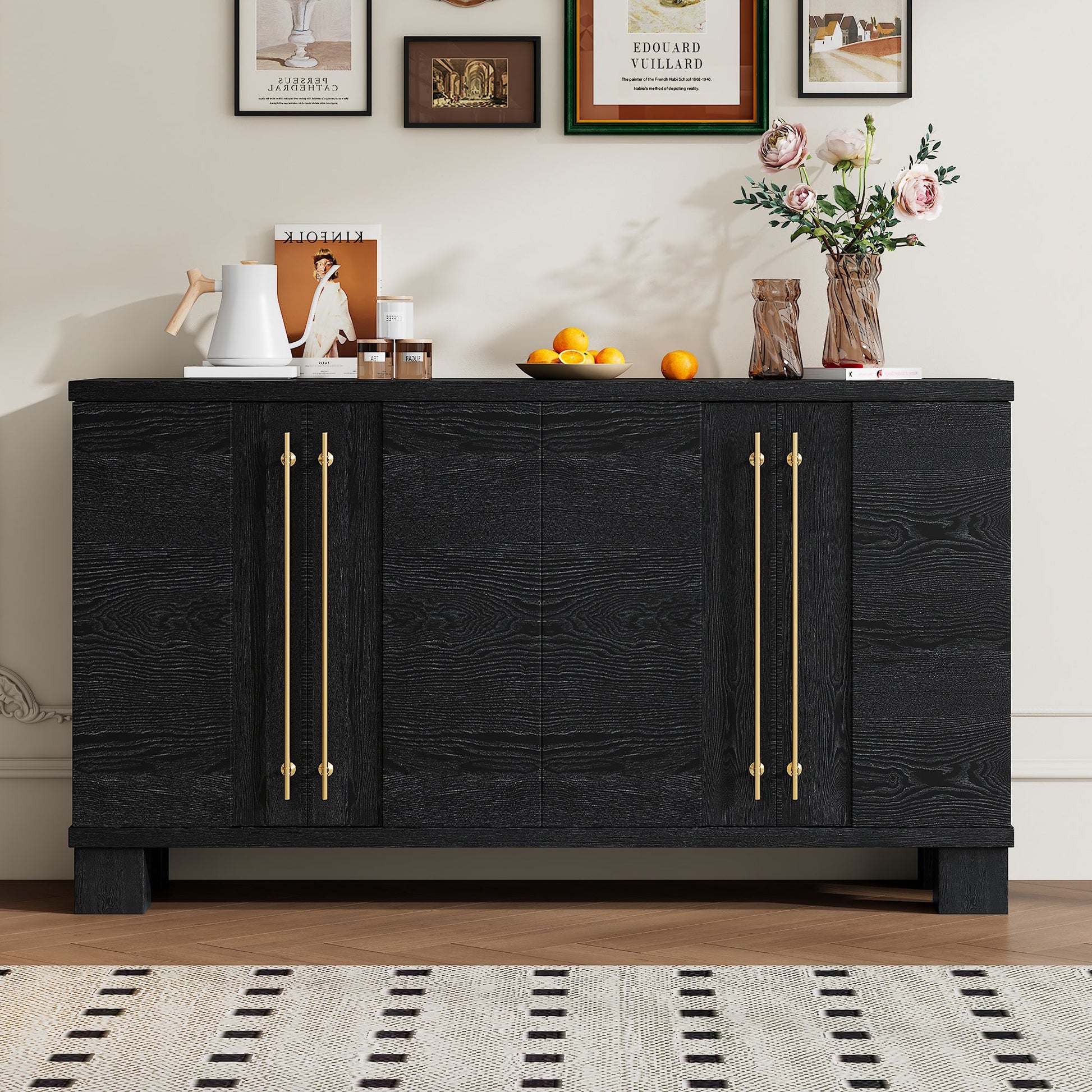 TREXM Sideboard Buffet Cabinet with Storage, Wood Sideboard with Adjustable Shelves and Gold Handles for Kitchen, Dining Room and Living Room (Black) - 1st Choice Furniture Direct