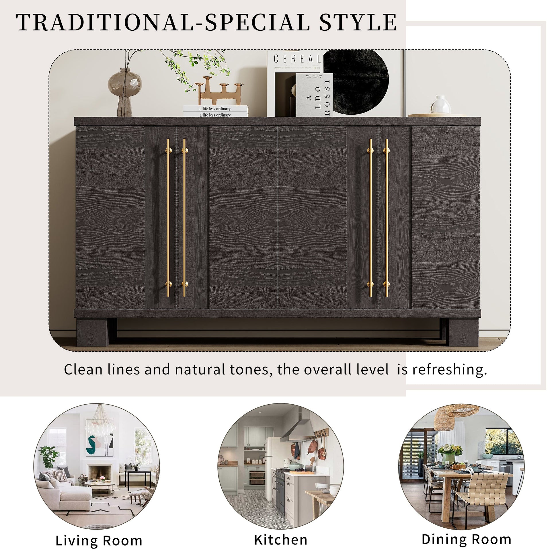 TREXM Sideboard Buffet Cabinet with Storage, Wood Sideboard with Adjustable Shelves and Gold Handles for Kitchen, Dining Room and Living Room (Taupe) - 1st Choice Furniture Direct