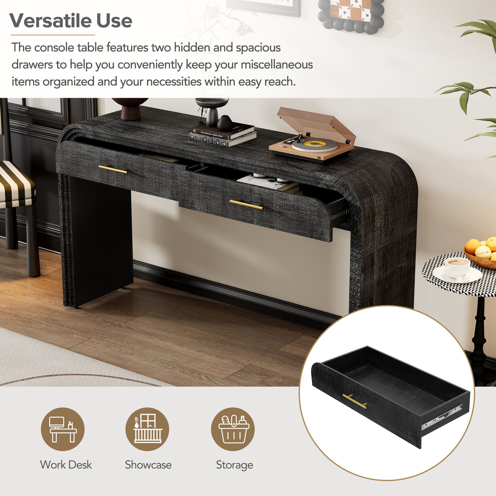 TREXM Unique Retro Silhouette Console Table with Open Style, Two Top Drawers for Entrance, Dinning Room, Living Room (Antique Black) - 1st Choice Furniture Direct