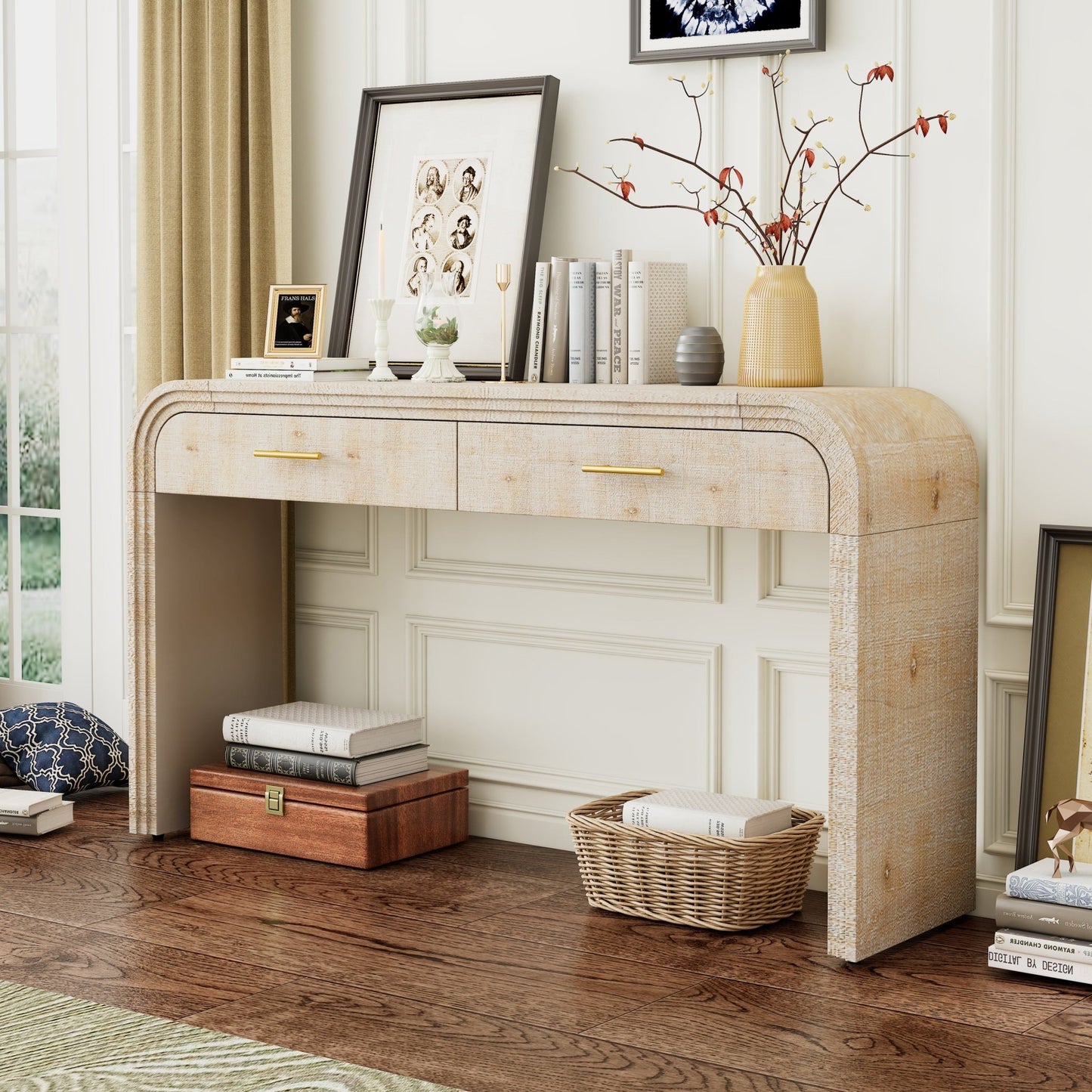 TREXM Unique Retro Silhouette Console Table with Open Style, Two Top Drawers for Entrance, Dinning Room, Living Room (Natural Wood Wash) - 1st Choice Furniture Direct