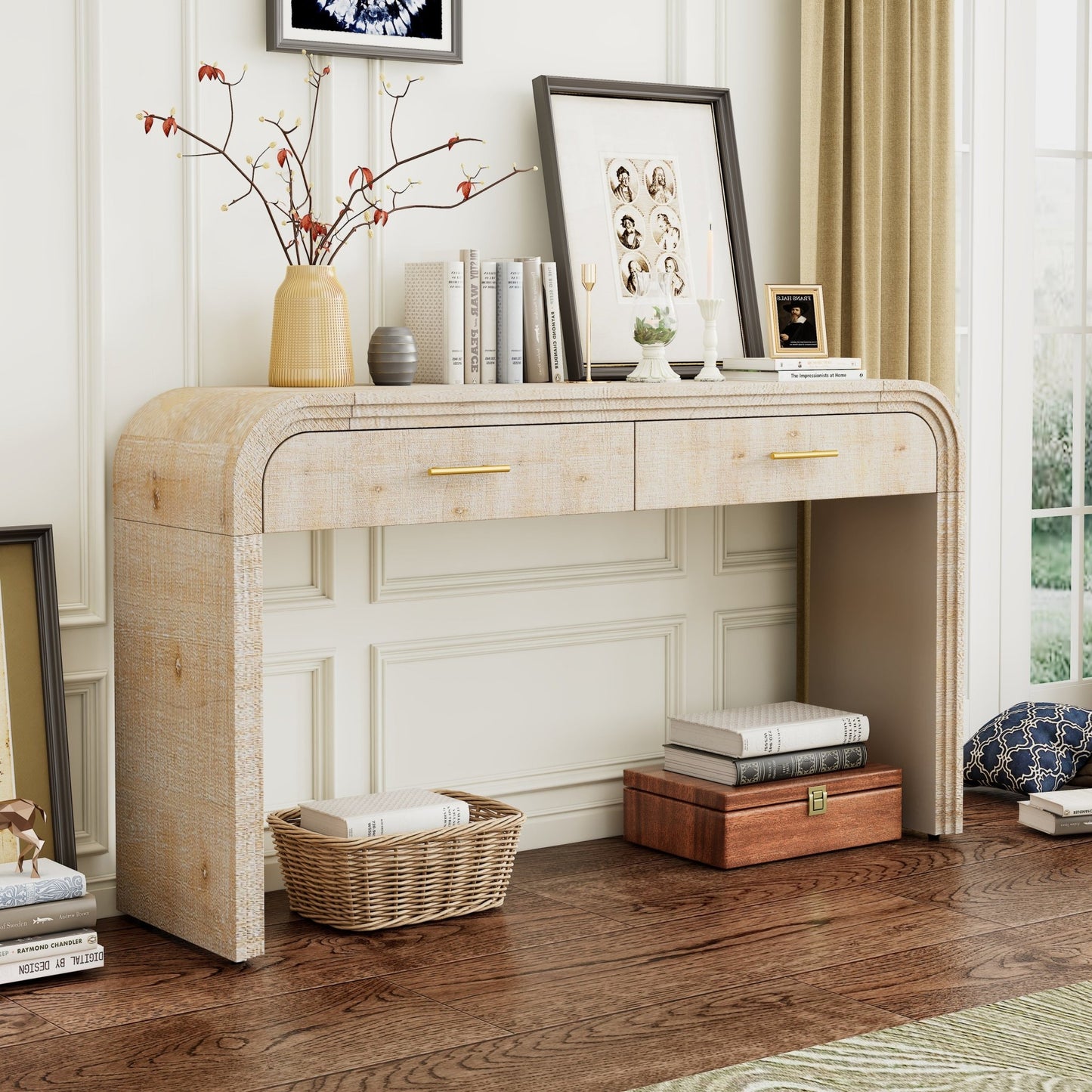 TREXM Unique Retro Silhouette Console Table with Open Style, Two Top Drawers for Entrance, Dinning Room, Living Room (Natural Wood Wash) - 1st Choice Furniture Direct