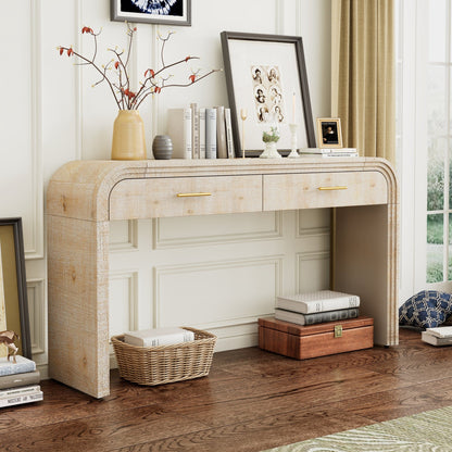 TREXM Unique Retro Silhouette Console Table with Open Style, Two Top Drawers for Entrance, Dinning Room, Living Room (Natural Wood Wash) - 1st Choice Furniture Direct