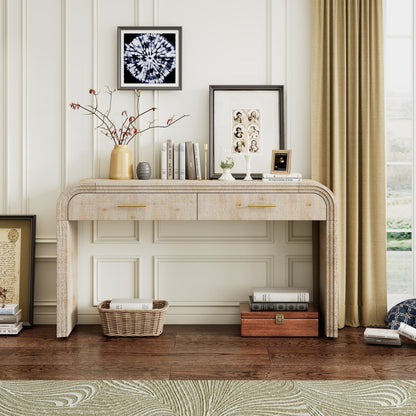 TREXM Unique Retro Silhouette Console Table with Open Style, Two Top Drawers for Entrance, Dinning Room, Living Room (Natural Wood Wash) - 1st Choice Furniture Direct