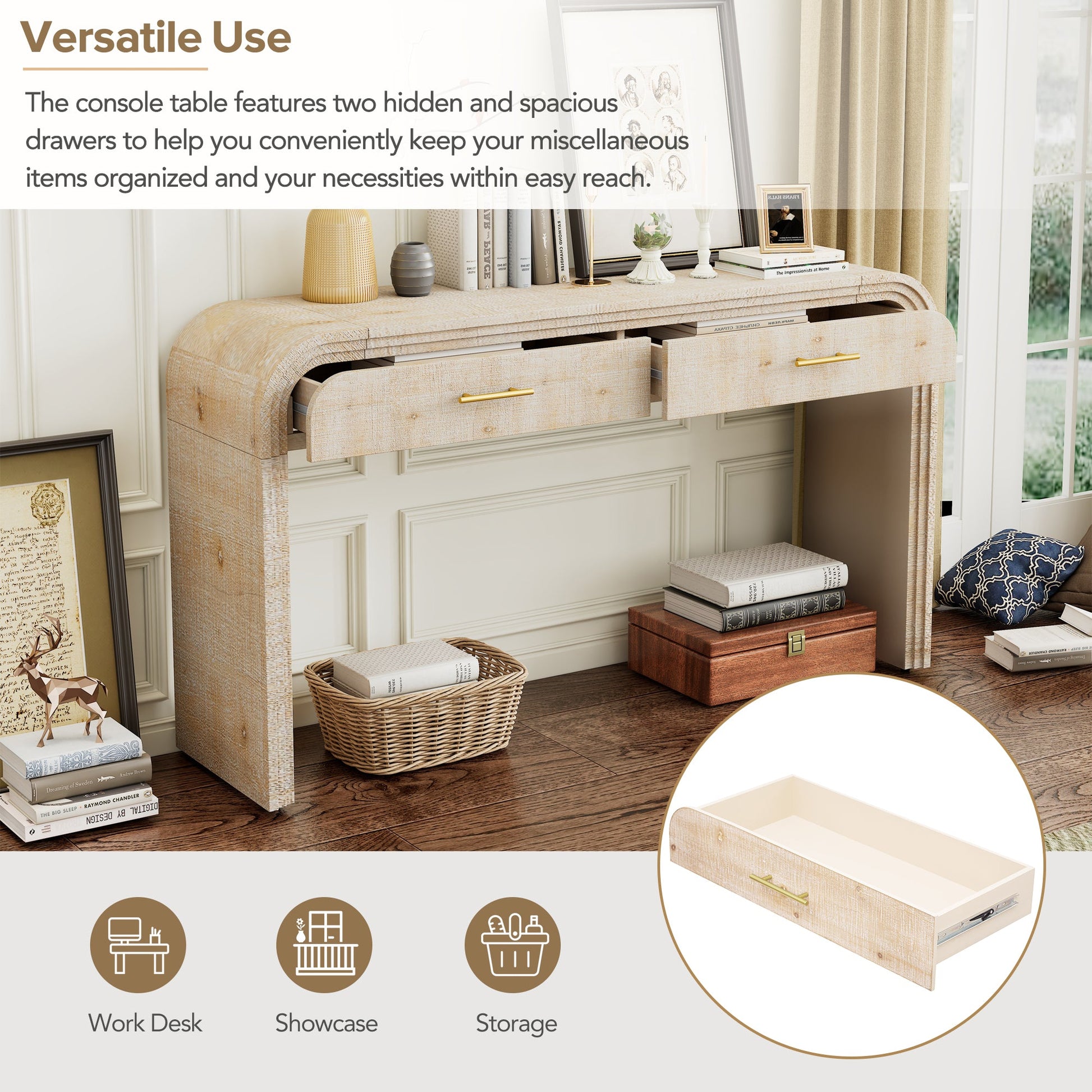 TREXM Unique Retro Silhouette Console Table with Open Style, Two Top Drawers for Entrance, Dinning Room, Living Room (Natural Wood Wash) - 1st Choice Furniture Direct