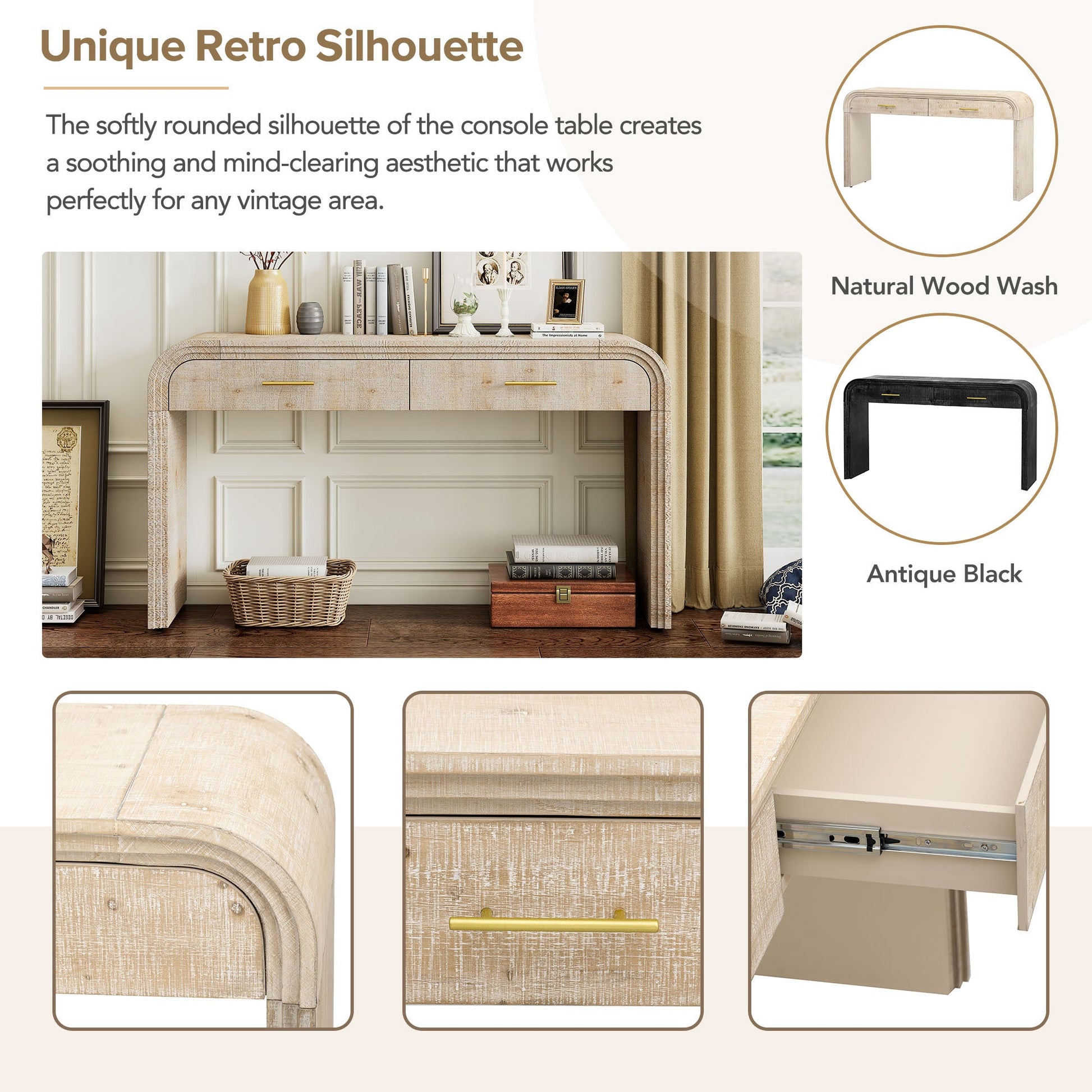 TREXM Unique Retro Silhouette Console Table with Open Style, Two Top Drawers for Entrance, Dinning Room, Living Room (Natural Wood Wash) - 1st Choice Furniture Direct