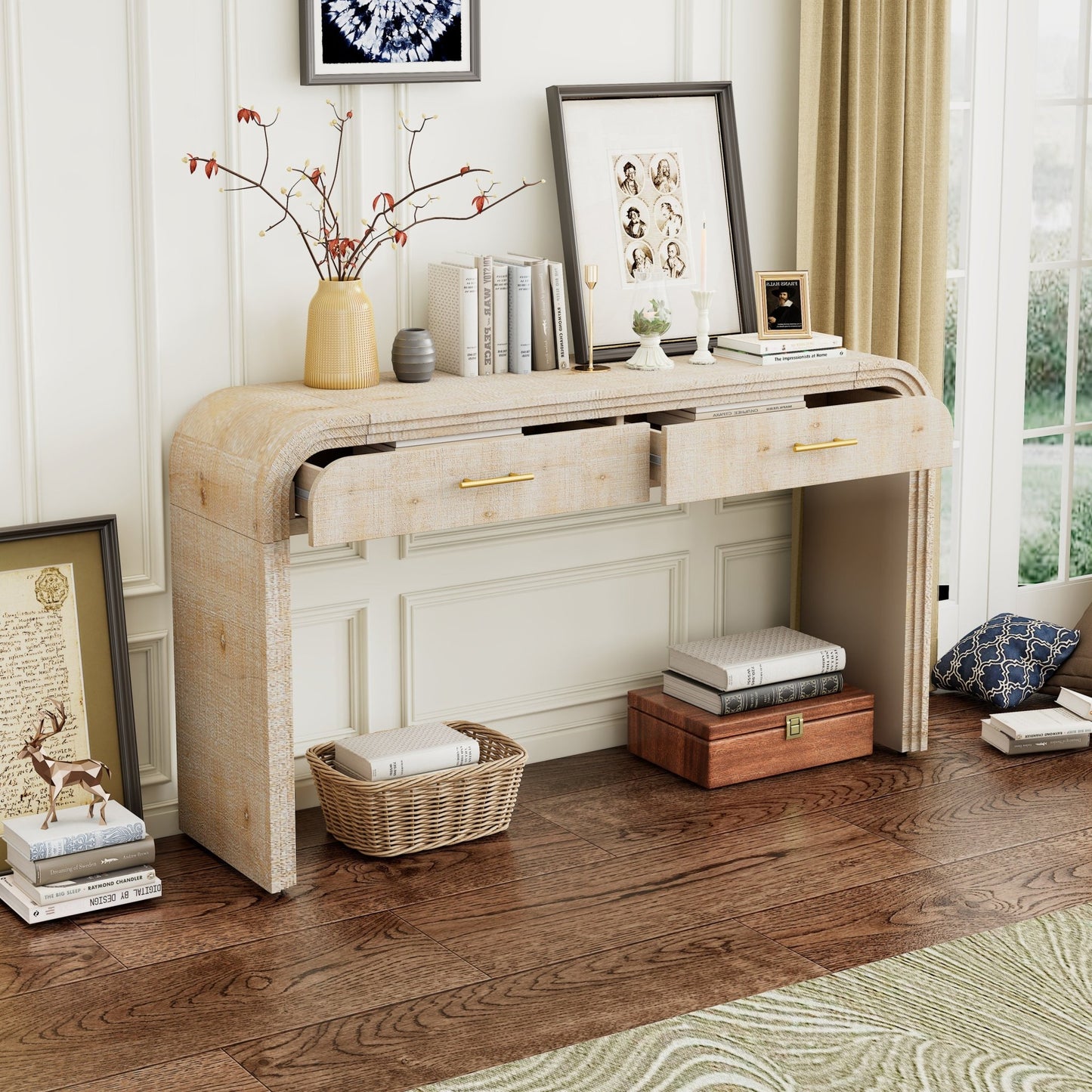 TREXM Unique Retro Silhouette Console Table with Open Style, Two Top Drawers for Entrance, Dinning Room, Living Room (Natural Wood Wash) - 1st Choice Furniture Direct