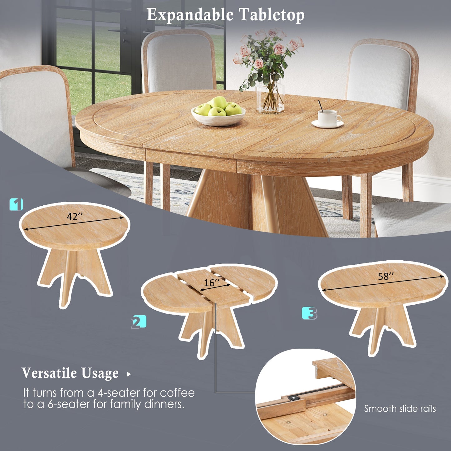TREXM Vintage Extendable Dining Table for 4 - 6, 42 to 58 - Inch Rustic Farmhouse Kitchen Table with Distressed Finish and Sturdy Crossed Legs (Natural Wood Wash) - 1st Choice Furniture Direct