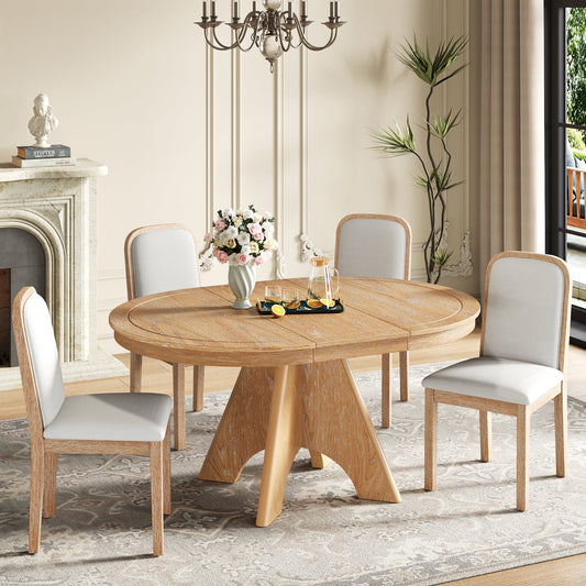TREXM Vintage Extendable Dining Table Set for 4 - 6 with 4 Upholstered Chairs, 42 to 58 - Inch Rustic Farmhouse Kitchen Table Set with Distressed Finish for Dining Room and Kitchen (Natural Wood Wash) - 1st Choice Furniture Direct