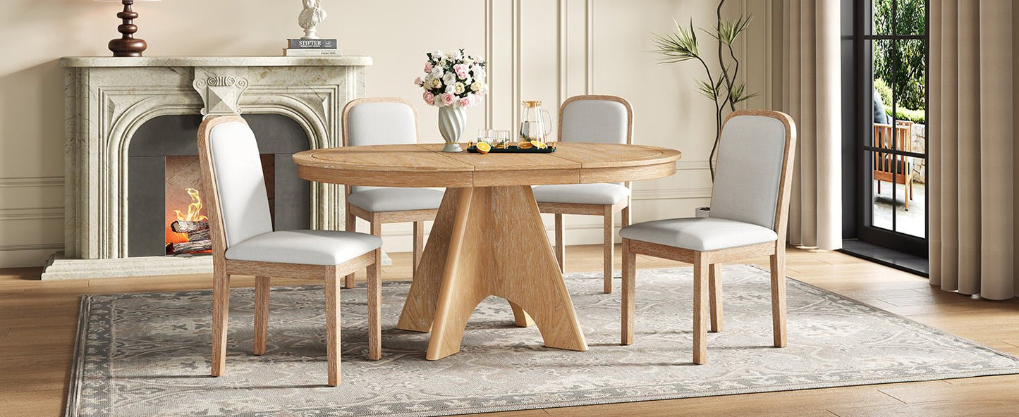 TREXM Vintage Extendable Dining Table Set for 4 - 6 with 4 Upholstered Chairs, 42 to 58 - Inch Rustic Farmhouse Kitchen Table Set with Distressed Finish for Dining Room and Kitchen (Natural Wood Wash) - 1st Choice Furniture Direct