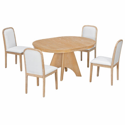 TREXM Vintage Extendable Dining Table Set for 4 - 6 with 4 Upholstered Chairs, 42 to 58 - Inch Rustic Farmhouse Kitchen Table Set with Distressed Finish for Dining Room and Kitchen (Natural Wood Wash) - 1st Choice Furniture Direct
