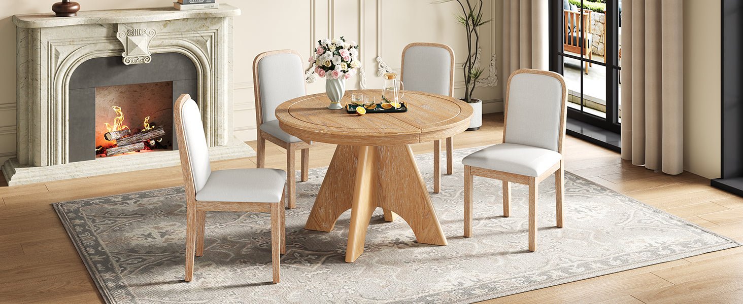 TREXM Vintage Extendable Dining Table Set for 4 - 6 with 4 Upholstered Chairs, 42 to 58 - Inch Rustic Farmhouse Kitchen Table Set with Distressed Finish for Dining Room and Kitchen (Natural Wood Wash) - 1st Choice Furniture Direct