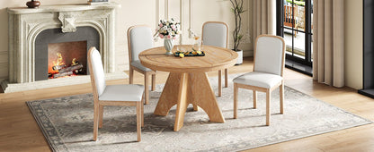 TREXM Vintage Extendable Dining Table Set for 4 - 6 with 4 Upholstered Chairs, 42 to 58 - Inch Rustic Farmhouse Kitchen Table Set with Distressed Finish for Dining Room and Kitchen (Natural Wood Wash) - 1st Choice Furniture Direct
