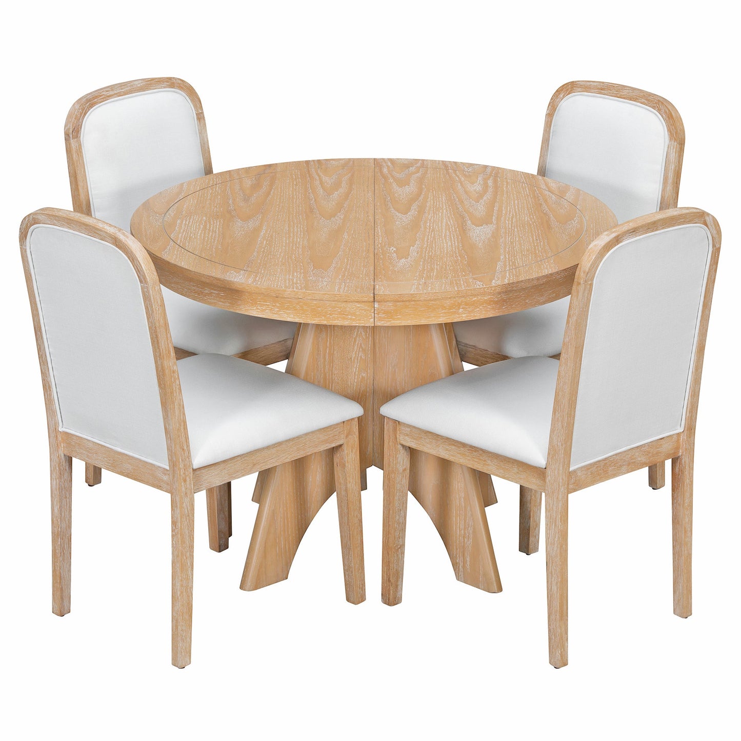 TREXM Vintage Extendable Dining Table Set for 4 - 6 with 4 Upholstered Chairs, 42 to 58 - Inch Rustic Farmhouse Kitchen Table Set with Distressed Finish for Dining Room and Kitchen (Natural Wood Wash) - 1st Choice Furniture Direct