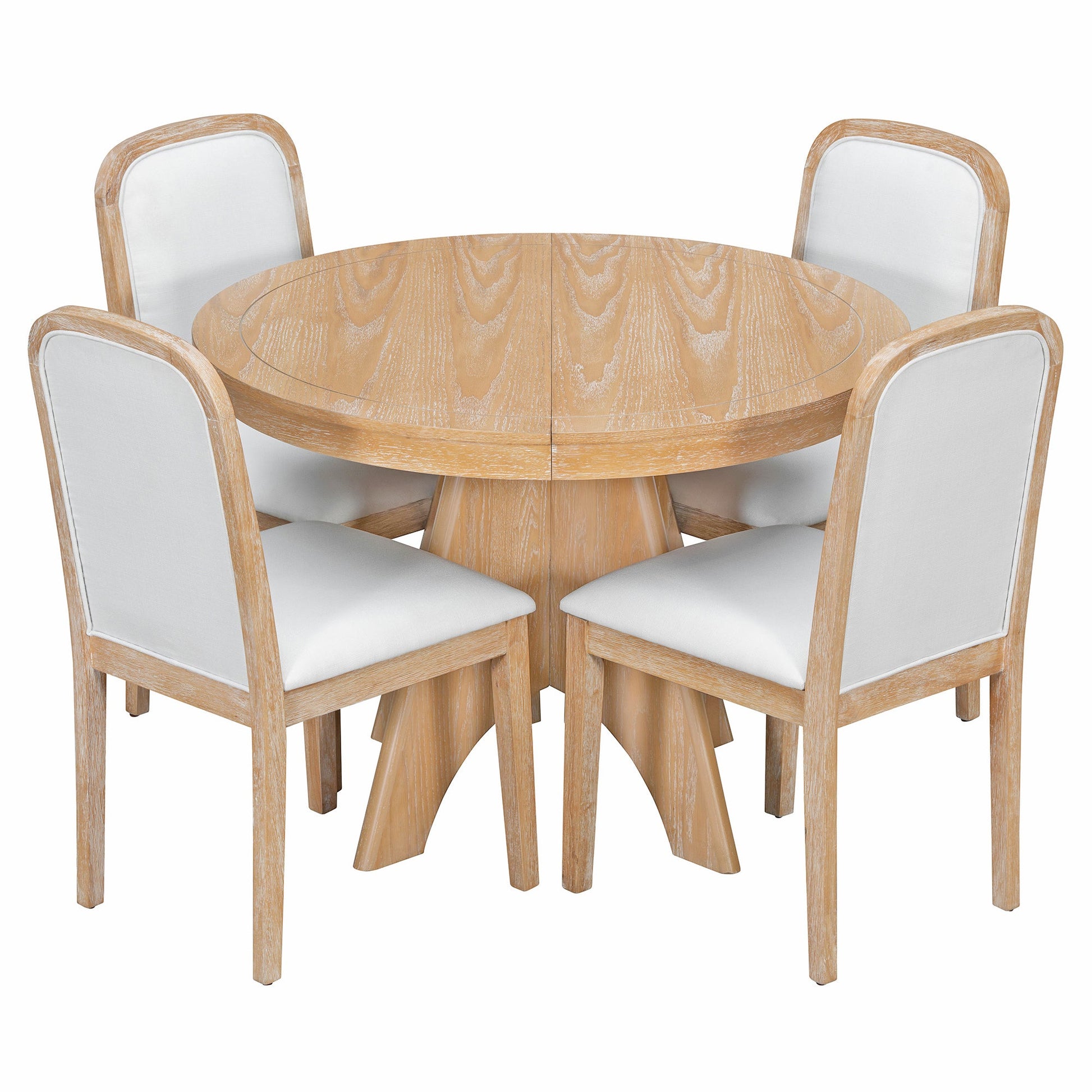 TREXM Vintage Extendable Dining Table Set for 4 - 6 with 4 Upholstered Chairs, 42 to 58 - Inch Rustic Farmhouse Kitchen Table Set with Distressed Finish for Dining Room and Kitchen (Natural Wood Wash) - 1st Choice Furniture Direct