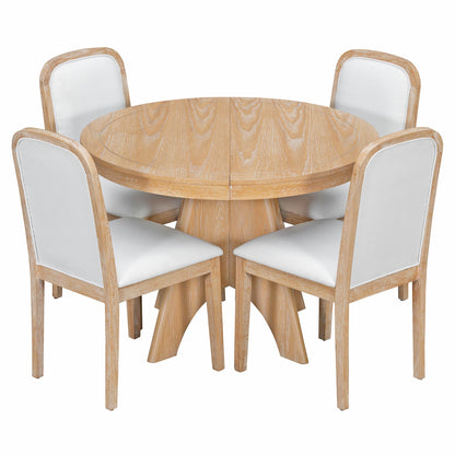 TREXM Vintage Extendable Dining Table Set for 4 - 6 with 4 Upholstered Chairs, 42 to 58 - Inch Rustic Farmhouse Kitchen Table Set with Distressed Finish for Dining Room and Kitchen (Natural Wood Wash) - 1st Choice Furniture Direct