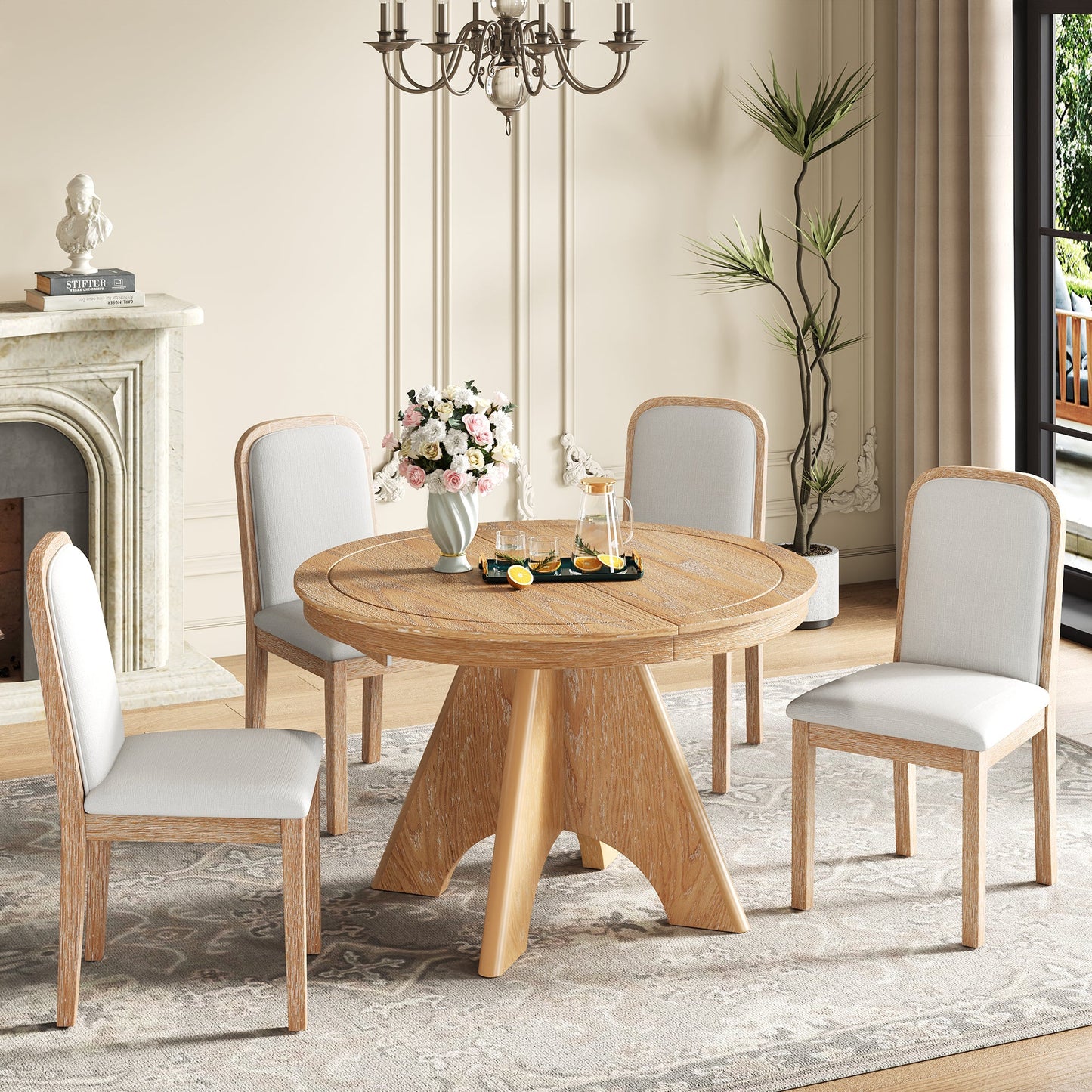 TREXM Vintage Extendable Dining Table Set for 4 - 6 with 4 Upholstered Chairs, 42 to 58 - Inch Rustic Farmhouse Kitchen Table Set with Distressed Finish for Dining Room and Kitchen (Natural Wood Wash) - 1st Choice Furniture Direct