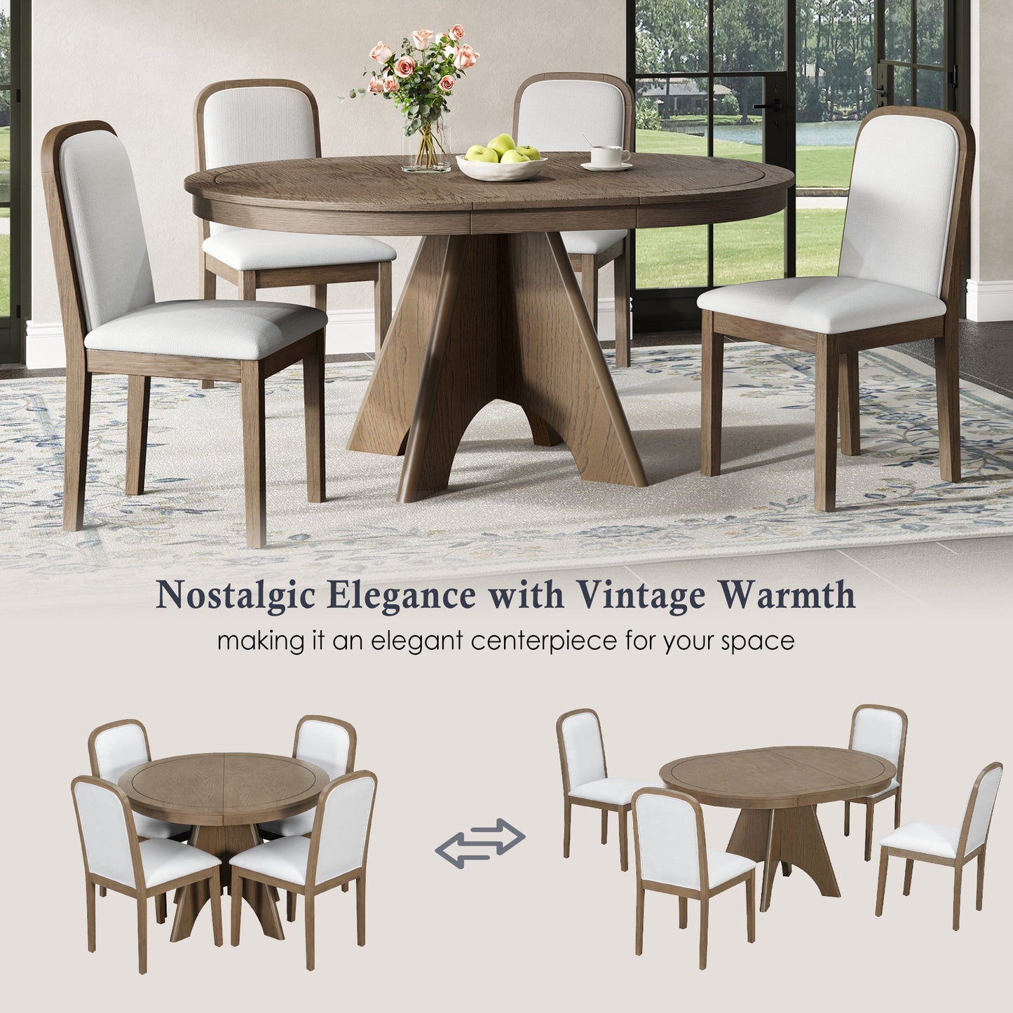 TREXM Vintage Extendable Dining Table Set for 4 - 6 with 4 Upholstered Chairs, 42 to 58 - Inch Rustic Farmhouse Kitchen Table Set with Distressed Finish for Dining Room and Kitchen (Espresso) - 1st Choice Furniture Direct