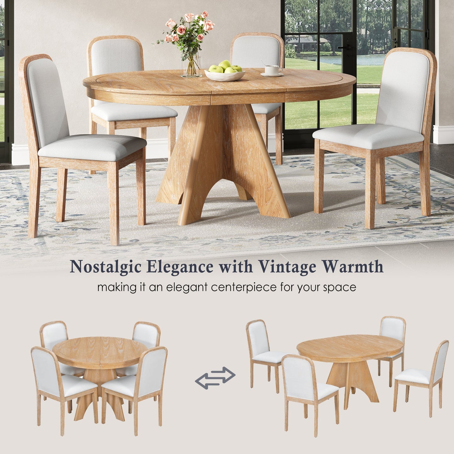TREXM Vintage Extendable Dining Table Set for 4 - 6 with 4 Upholstered Chairs, 42 to 58 - Inch Rustic Farmhouse Kitchen Table Set with Distressed Finish for Dining Room and Kitchen (Natural Wood Wash) - 1st Choice Furniture Direct