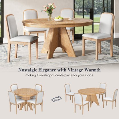 TREXM Vintage Extendable Dining Table Set for 4 - 6 with 4 Upholstered Chairs, 42 to 58 - Inch Rustic Farmhouse Kitchen Table Set with Distressed Finish for Dining Room and Kitchen (Natural Wood Wash) - 1st Choice Furniture Direct