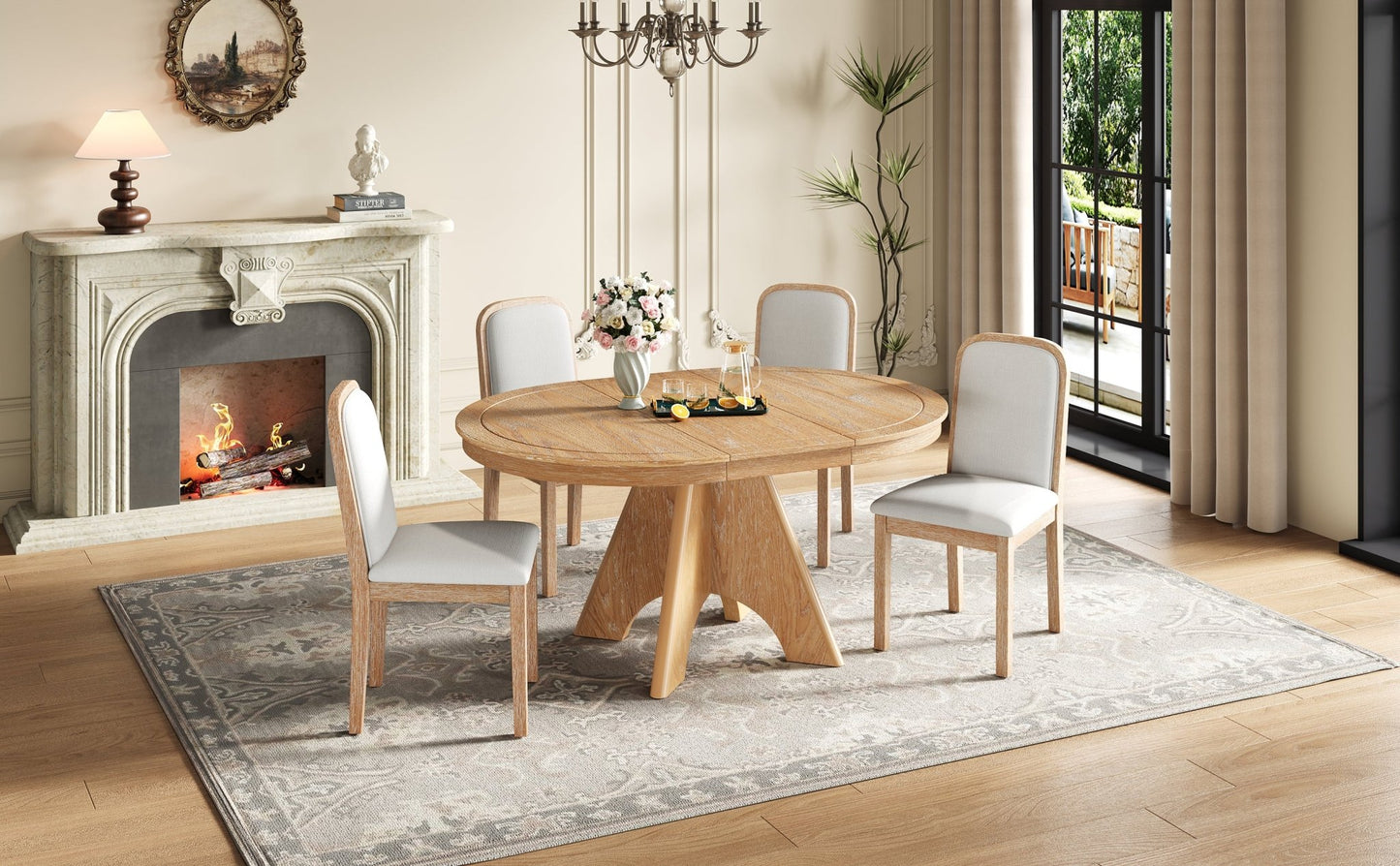 TREXM Vintage Extendable Dining Table Set for 4 - 6 with 4 Upholstered Chairs, 42 to 58 - Inch Rustic Farmhouse Kitchen Table Set with Distressed Finish for Dining Room and Kitchen (Natural Wood Wash) - 1st Choice Furniture Direct