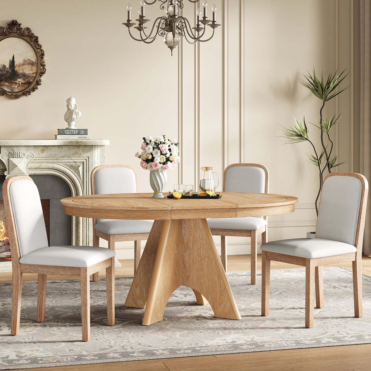 TREXM Vintage Extendable Dining Table Set for 4 - 6 with 4 Upholstered Chairs, 42 to 58 - Inch Rustic Farmhouse Kitchen Table Set with Distressed Finish for Dining Room and Kitchen (Natural Wood Wash) - 1st Choice Furniture Direct
