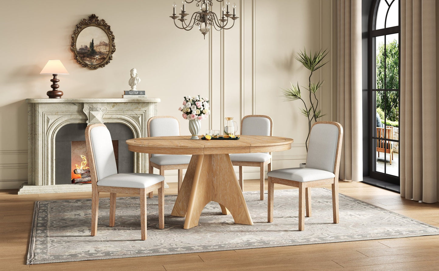 TREXM Vintage Extendable Dining Table Set for 4 - 6 with 4 Upholstered Chairs, 42 to 58 - Inch Rustic Farmhouse Kitchen Table Set with Distressed Finish for Dining Room and Kitchen (Natural Wood Wash) - 1st Choice Furniture Direct