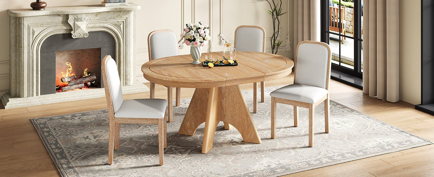 TREXM Vintage Extendable Dining Table Set for 4 - 6 with 4 Upholstered Chairs, 42 to 58 - Inch Rustic Farmhouse Kitchen Table Set with Distressed Finish for Dining Room and Kitchen (Natural Wood Wash) - 1st Choice Furniture Direct