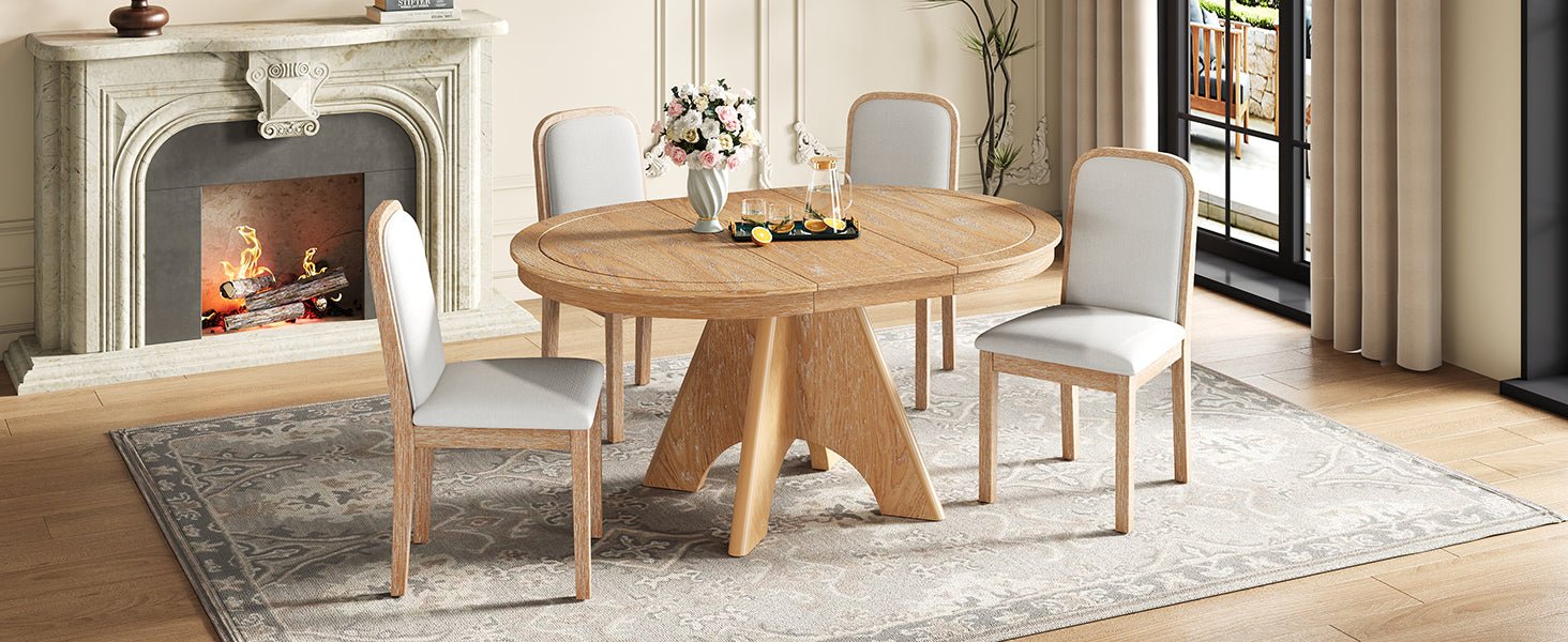 TREXM Vintage Extendable Dining Table Set for 4 - 6 with 4 Upholstered Chairs, 42 to 58 - Inch Rustic Farmhouse Kitchen Table Set with Distressed Finish for Dining Room and Kitchen (Natural Wood Wash) - 1st Choice Furniture Direct