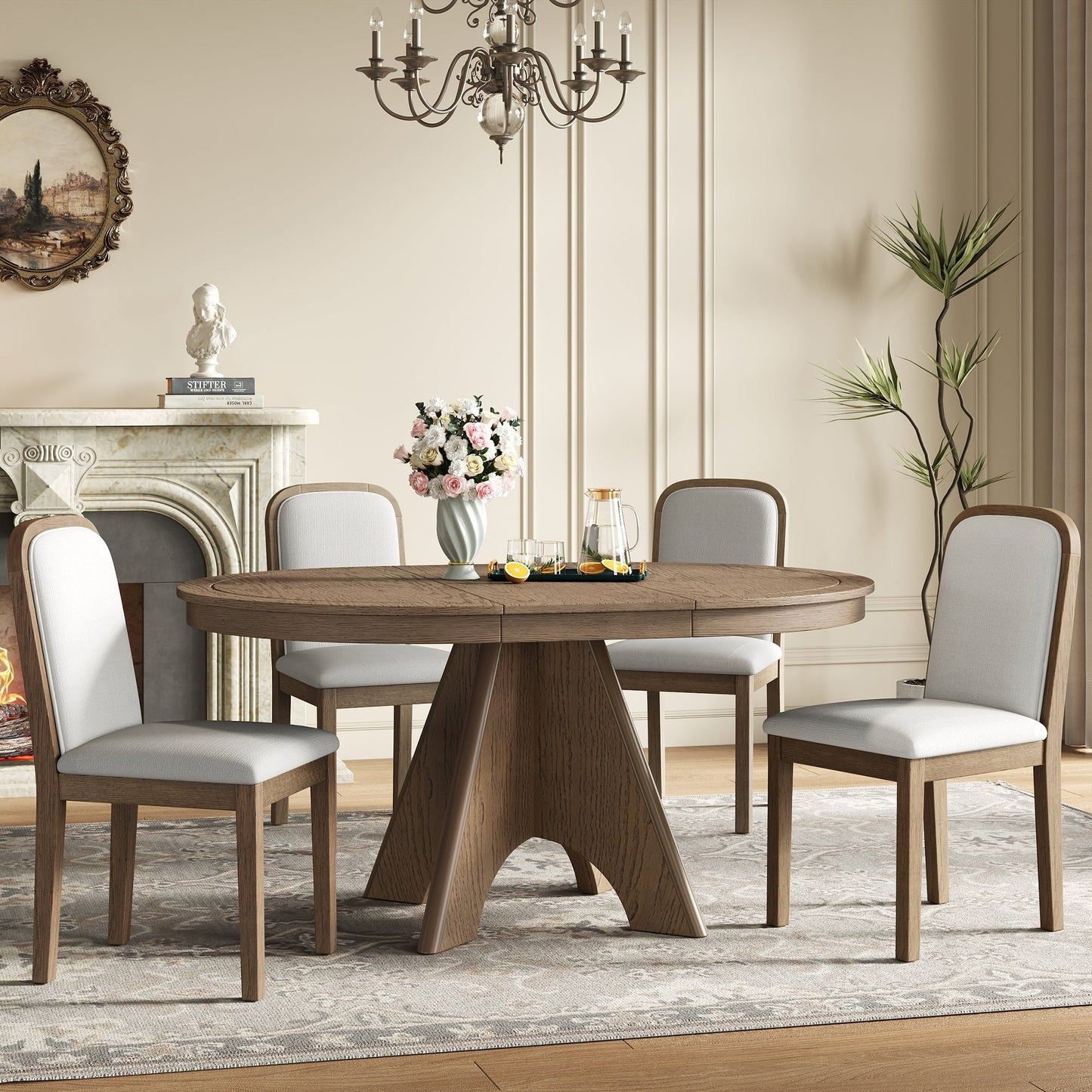 TREXM Vintage Extendable Dining Table Set for 4 - 6 with 4 Upholstered Chairs, 42 to 58 - Inch Rustic Farmhouse Kitchen Table Set with Distressed Finish for Dining Room and Kitchen (Espresso) - 1st Choice Furniture Direct