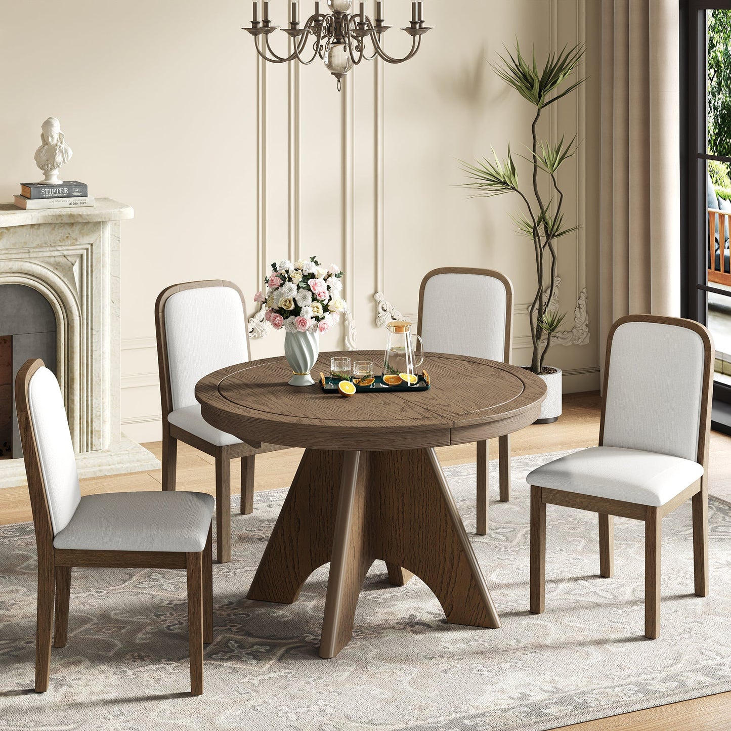 TREXM Vintage Extendable Dining Table Set for 4 - 6 with 4 Upholstered Chairs, 42 to 58 - Inch Rustic Farmhouse Kitchen Table Set with Distressed Finish for Dining Room and Kitchen (Espresso) - 1st Choice Furniture Direct