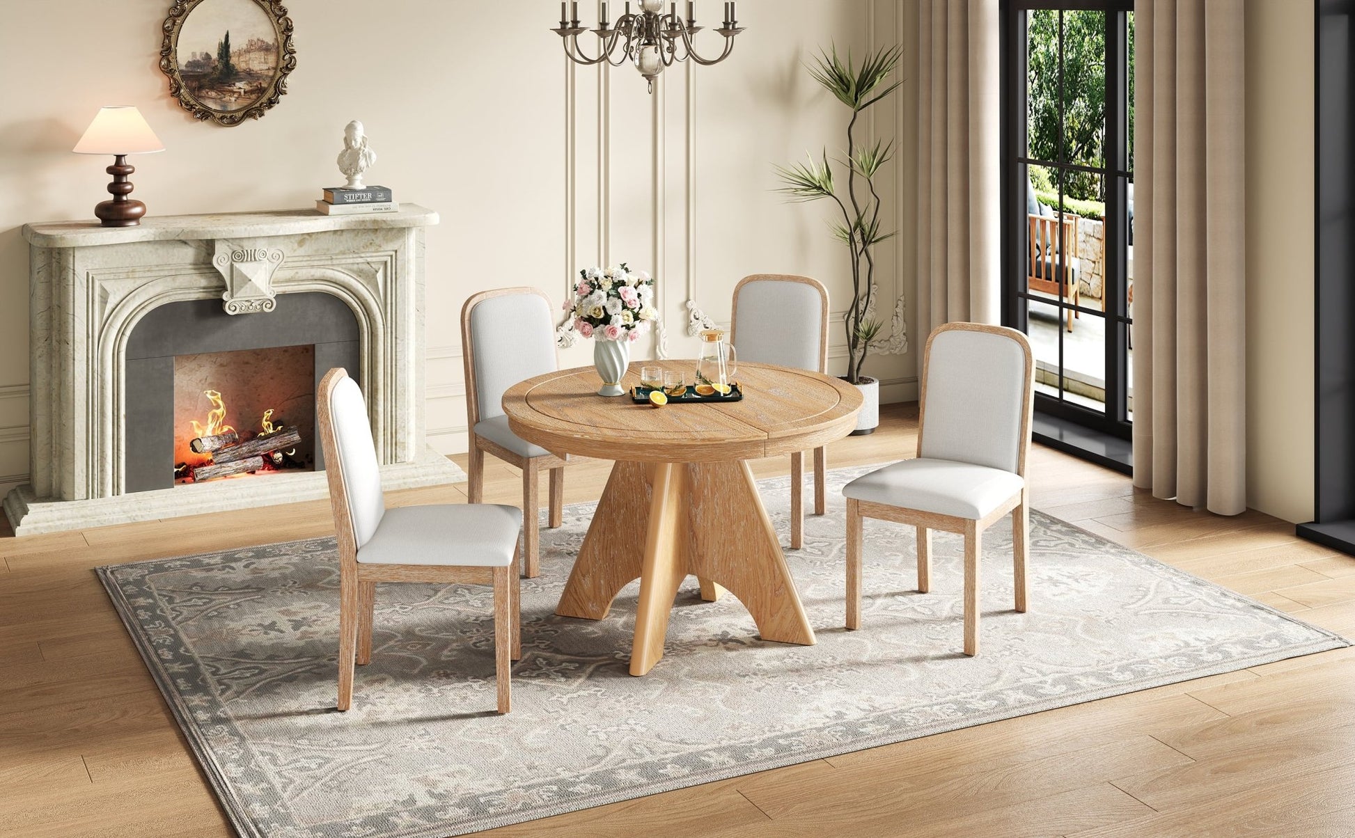TREXM Vintage Extendable Dining Table Set for 4 - 6 with 4 Upholstered Chairs, 42 to 58 - Inch Rustic Farmhouse Kitchen Table Set with Distressed Finish for Dining Room and Kitchen (Natural Wood Wash) - 1st Choice Furniture Direct