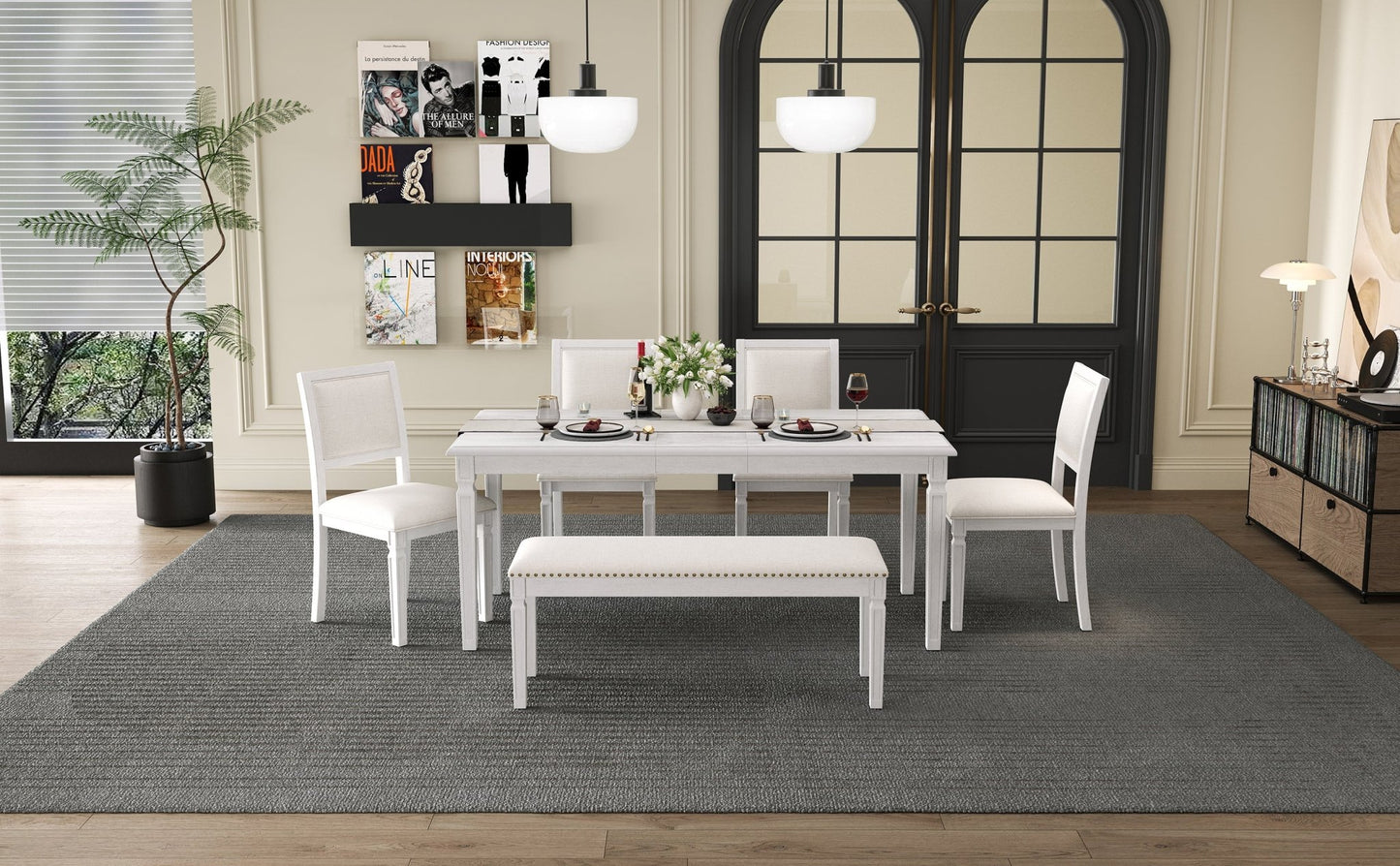 TREXM Vintage Extendable Dining Table Set for 6 with 4 Chairs & Bench, 59 to 72 - Inch Rustic Farmhouse Kitchen Table Set with Distressed Finish and Retro Carved Legs (Washed White) - 1st Choice Furniture Direct