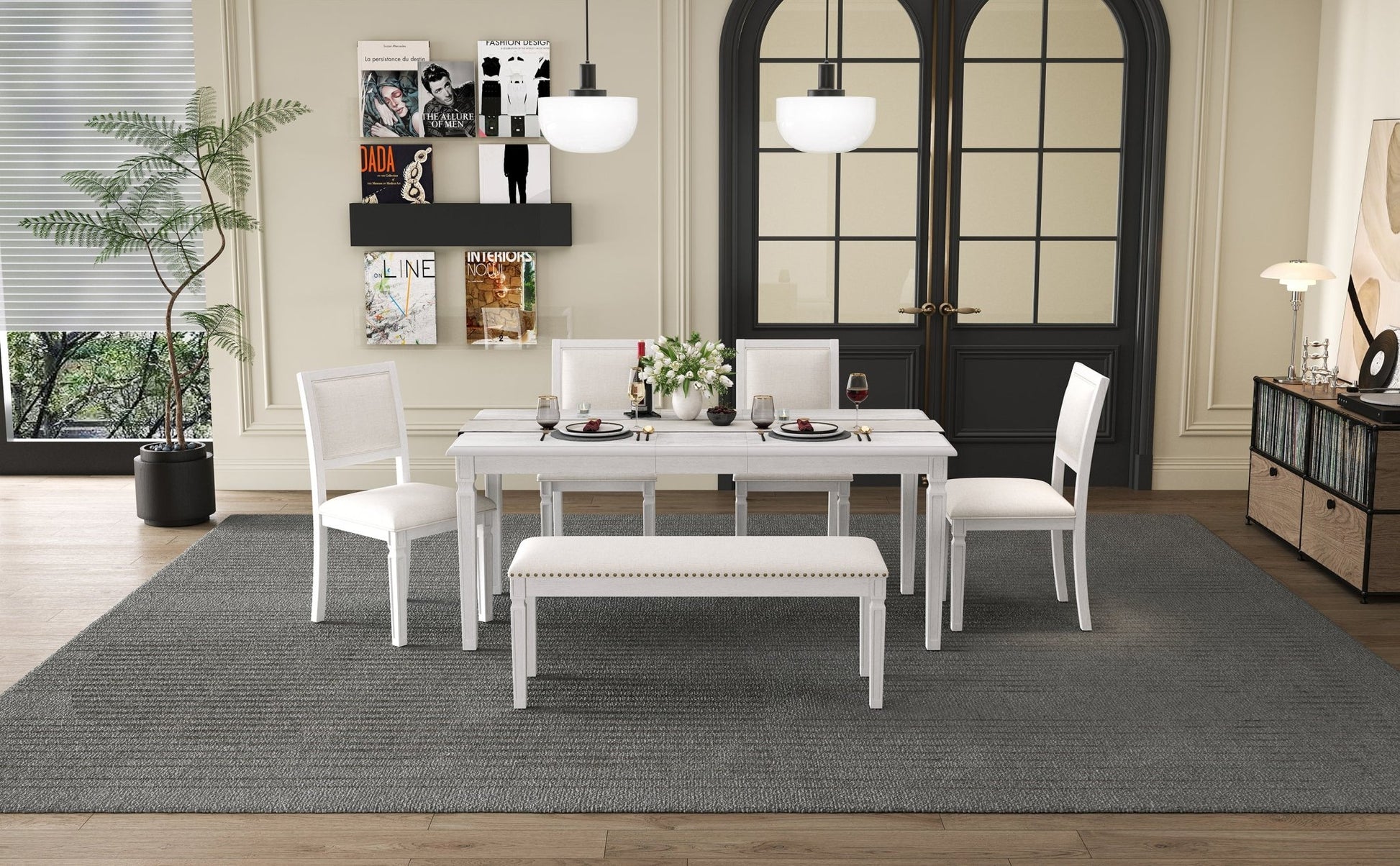 TREXM Vintage Extendable Dining Table Set for 6 with 4 Chairs & Bench, 59 to 72 - Inch Rustic Farmhouse Kitchen Table Set with Distressed Finish and Retro Carved Legs (Washed White) - 1st Choice Furniture Direct