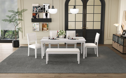 TREXM Vintage Extendable Dining Table Set for 6 with 4 Chairs & Bench, 59 to 72 - Inch Rustic Farmhouse Kitchen Table Set with Distressed Finish and Retro Carved Legs (Washed White) - 1st Choice Furniture Direct