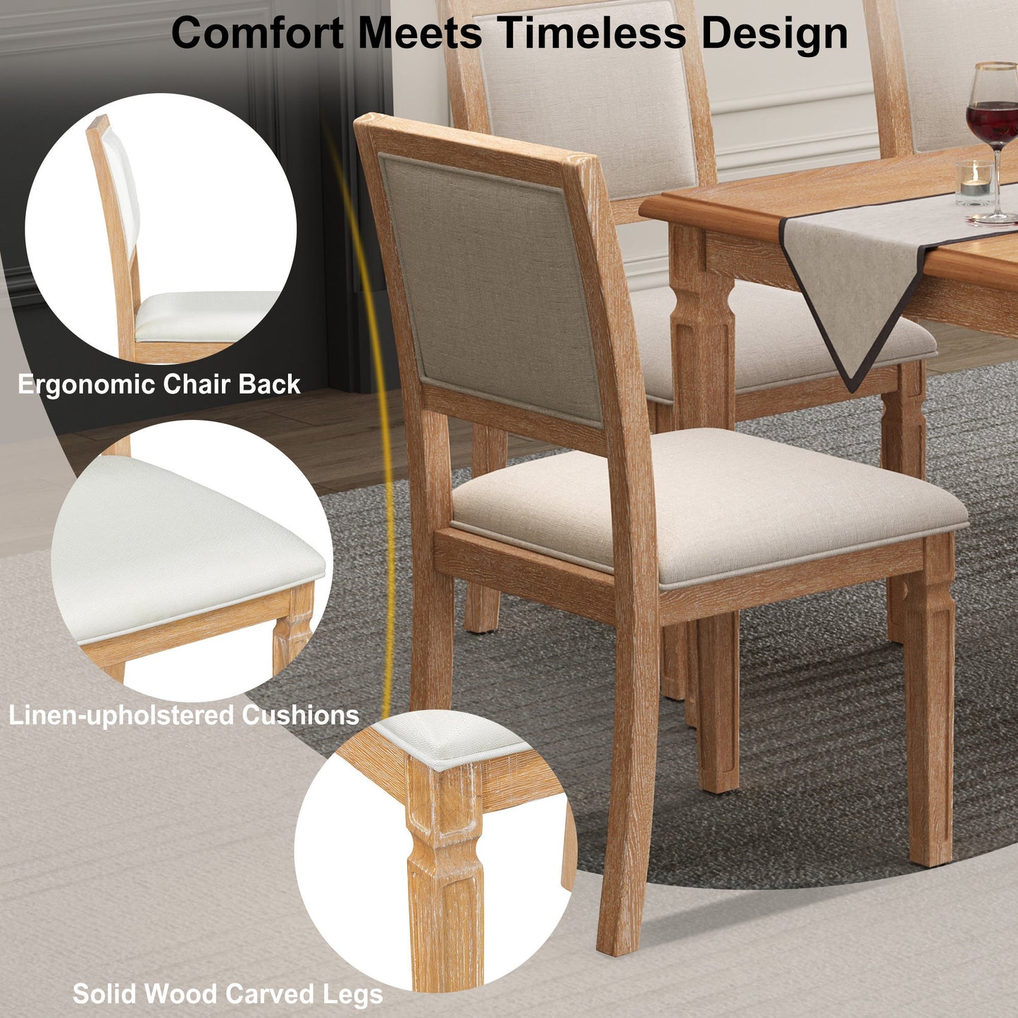 TREXM Vintage Extendable Dining Table Set for 6 with 4 Chairs & Bench, 59 to 72 - Inch Rustic Farmhouse Kitchen Table Set with Distressed Finish and Retro Carved Legs (Natural Wood Wash) - 1st Choice Furniture Direct