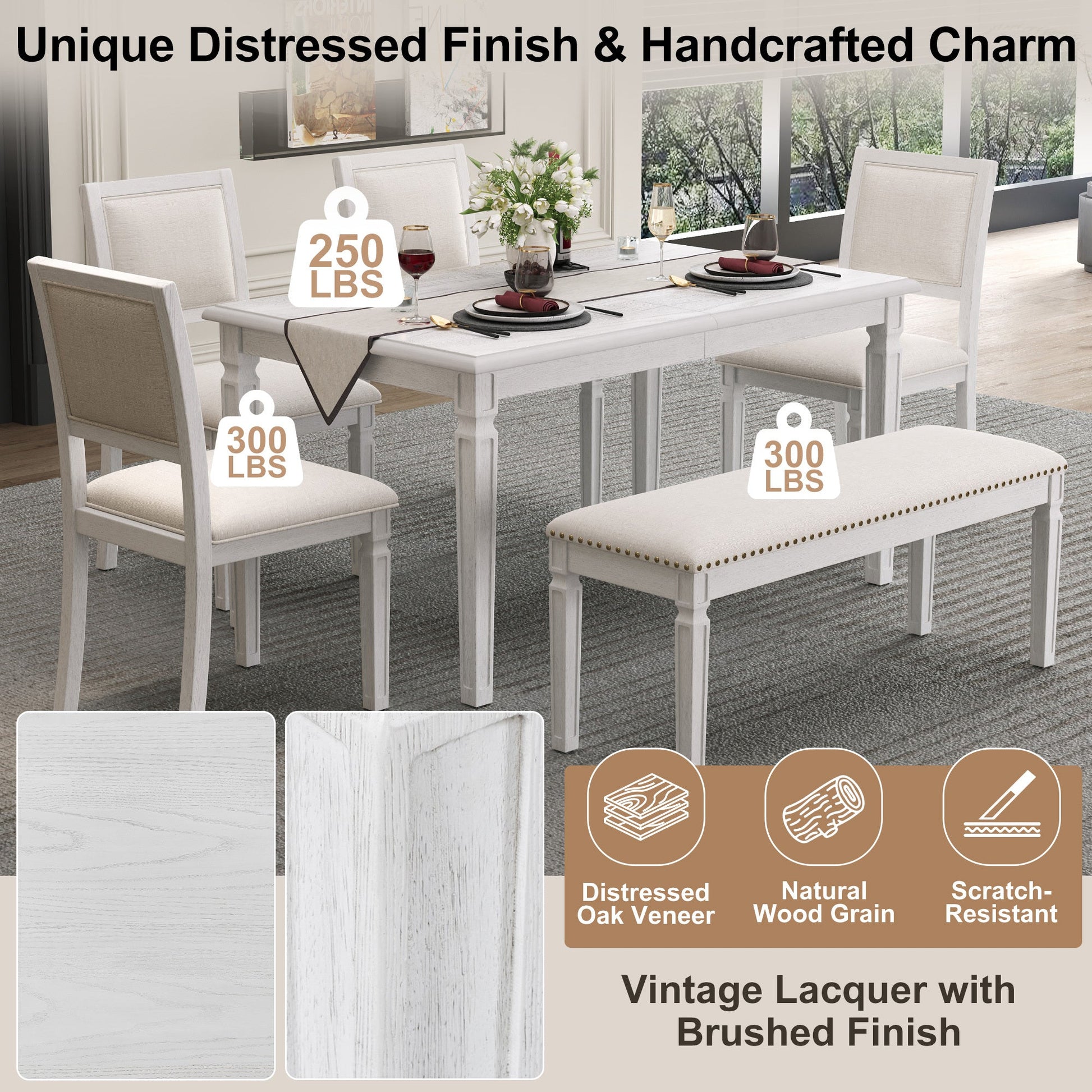 TREXM Vintage Extendable Dining Table Set for 6 with 4 Chairs & Bench, 59 to 72 - Inch Rustic Farmhouse Kitchen Table Set with Distressed Finish and Retro Carved Legs (Washed White) - 1st Choice Furniture Direct