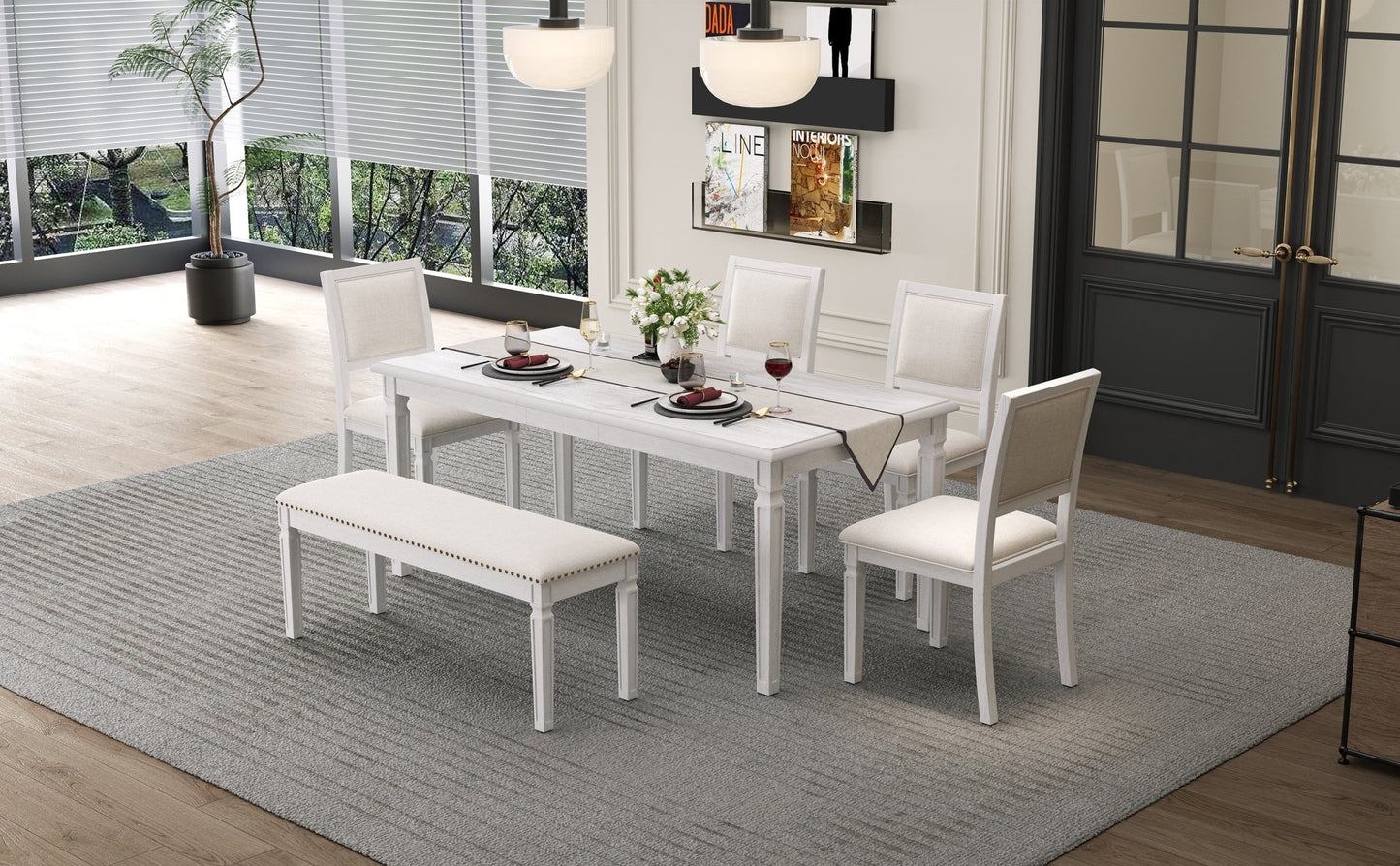 TREXM Vintage Extendable Dining Table Set for 6 with 4 Chairs & Bench, 59 to 72 - Inch Rustic Farmhouse Kitchen Table Set with Distressed Finish and Retro Carved Legs (Washed White) - 1st Choice Furniture Direct