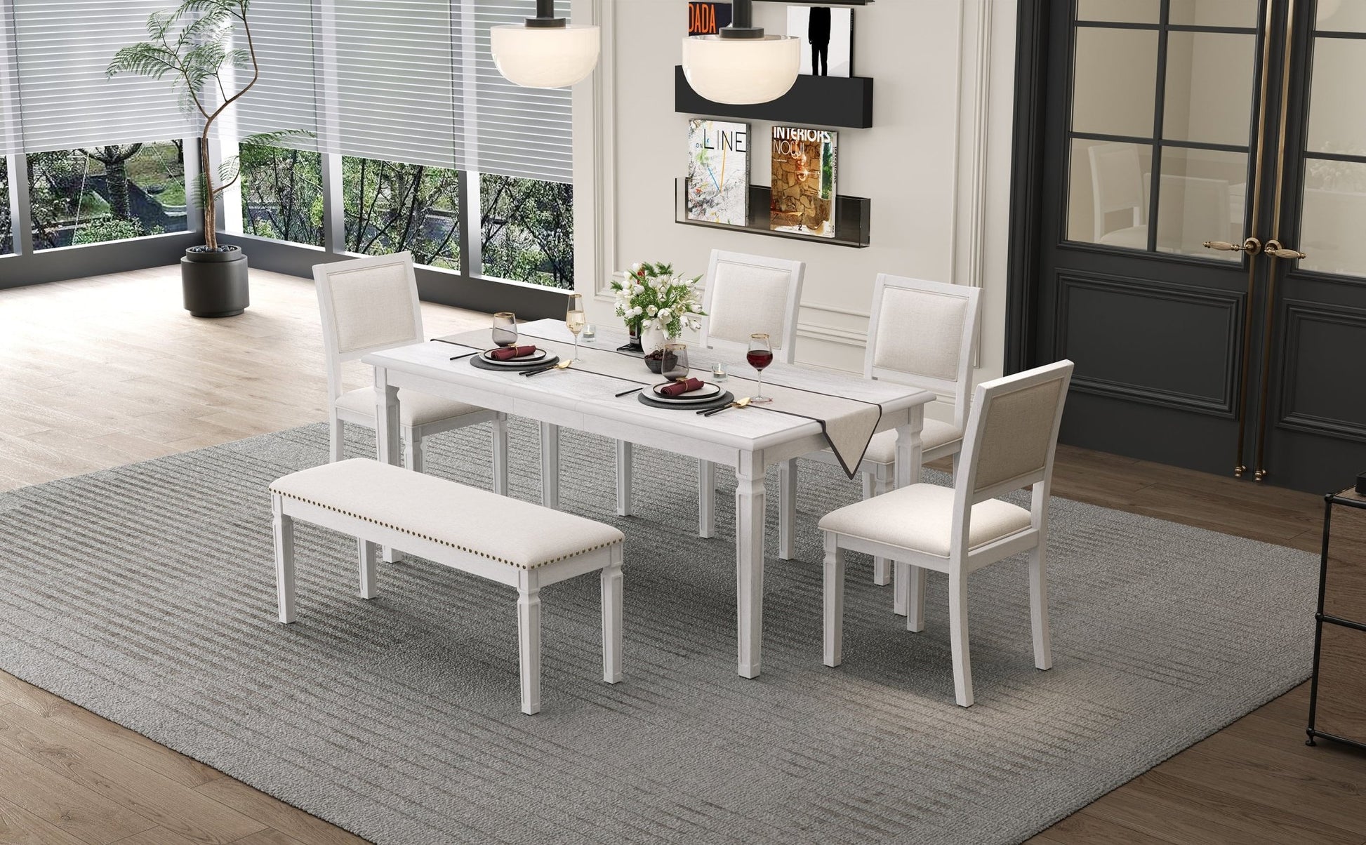 TREXM Vintage Extendable Dining Table Set for 6 with 4 Chairs & Bench, 59 to 72 - Inch Rustic Farmhouse Kitchen Table Set with Distressed Finish and Retro Carved Legs (Washed White) - 1st Choice Furniture Direct