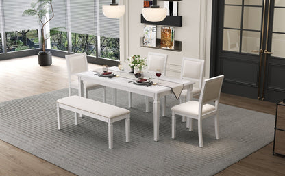 TREXM Vintage Extendable Dining Table Set for 6 with 4 Chairs & Bench, 59 to 72 - Inch Rustic Farmhouse Kitchen Table Set with Distressed Finish and Retro Carved Legs (Washed White) - 1st Choice Furniture Direct