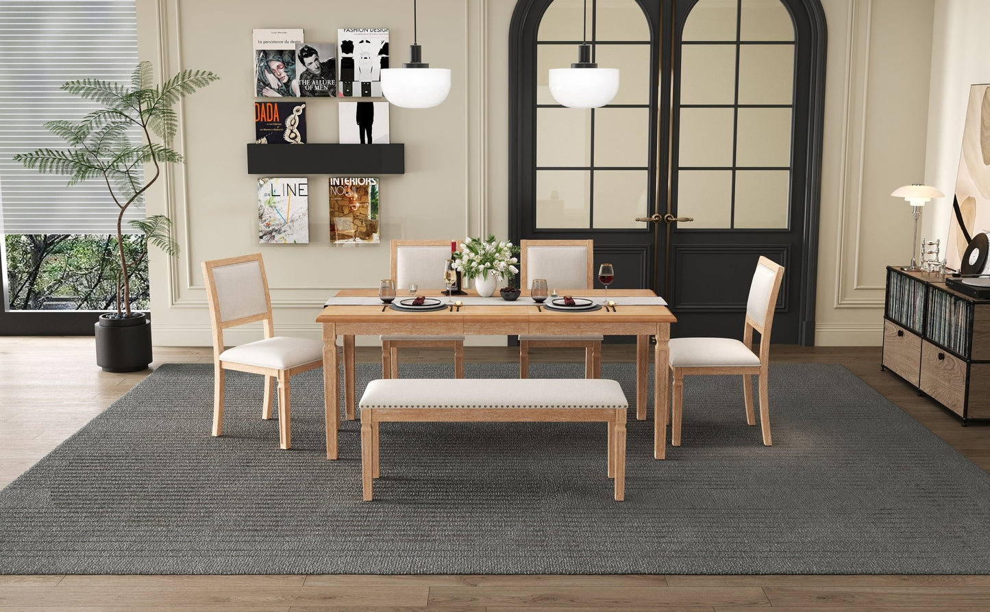 TREXM Vintage Extendable Dining Table Set for 6 with 4 Chairs & Bench, 59 to 72 - Inch Rustic Farmhouse Kitchen Table Set with Distressed Finish and Retro Carved Legs (Natural Wood Wash) - 1st Choice Furniture Direct