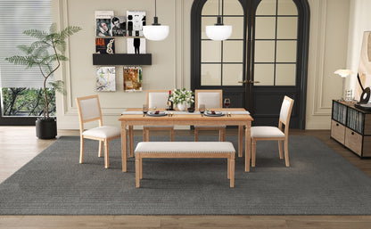 TREXM Vintage Extendable Dining Table Set for 6 with 4 Chairs & Bench, 59 to 72 - Inch Rustic Farmhouse Kitchen Table Set with Distressed Finish and Retro Carved Legs (Natural Wood Wash) - 1st Choice Furniture Direct