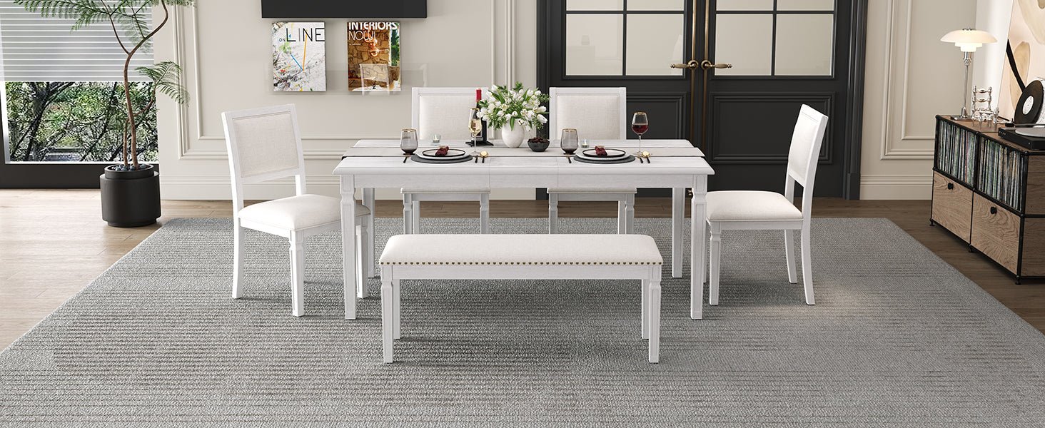 TREXM Vintage Extendable Dining Table Set for 6 with 4 Chairs & Bench, 59 to 72 - Inch Rustic Farmhouse Kitchen Table Set with Distressed Finish and Retro Carved Legs (Washed White) - 1st Choice Furniture Direct